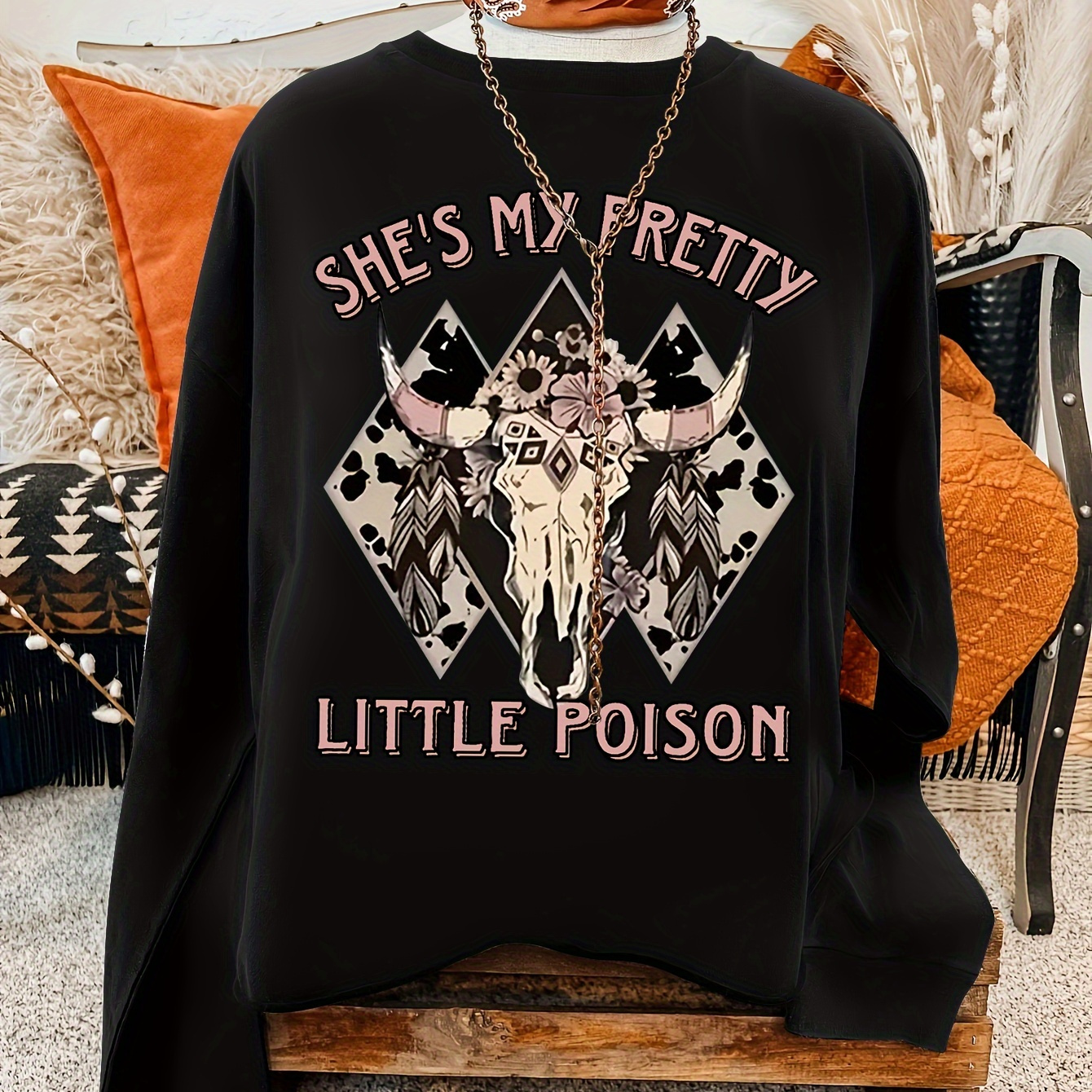 

Women's Casual Crew Neck Sweatshirt With Graphic Skull And Text " My Pretty Little " – 100% Polyester Knit Fabric, Cartoon Pattern, Ideal For Spring/fall