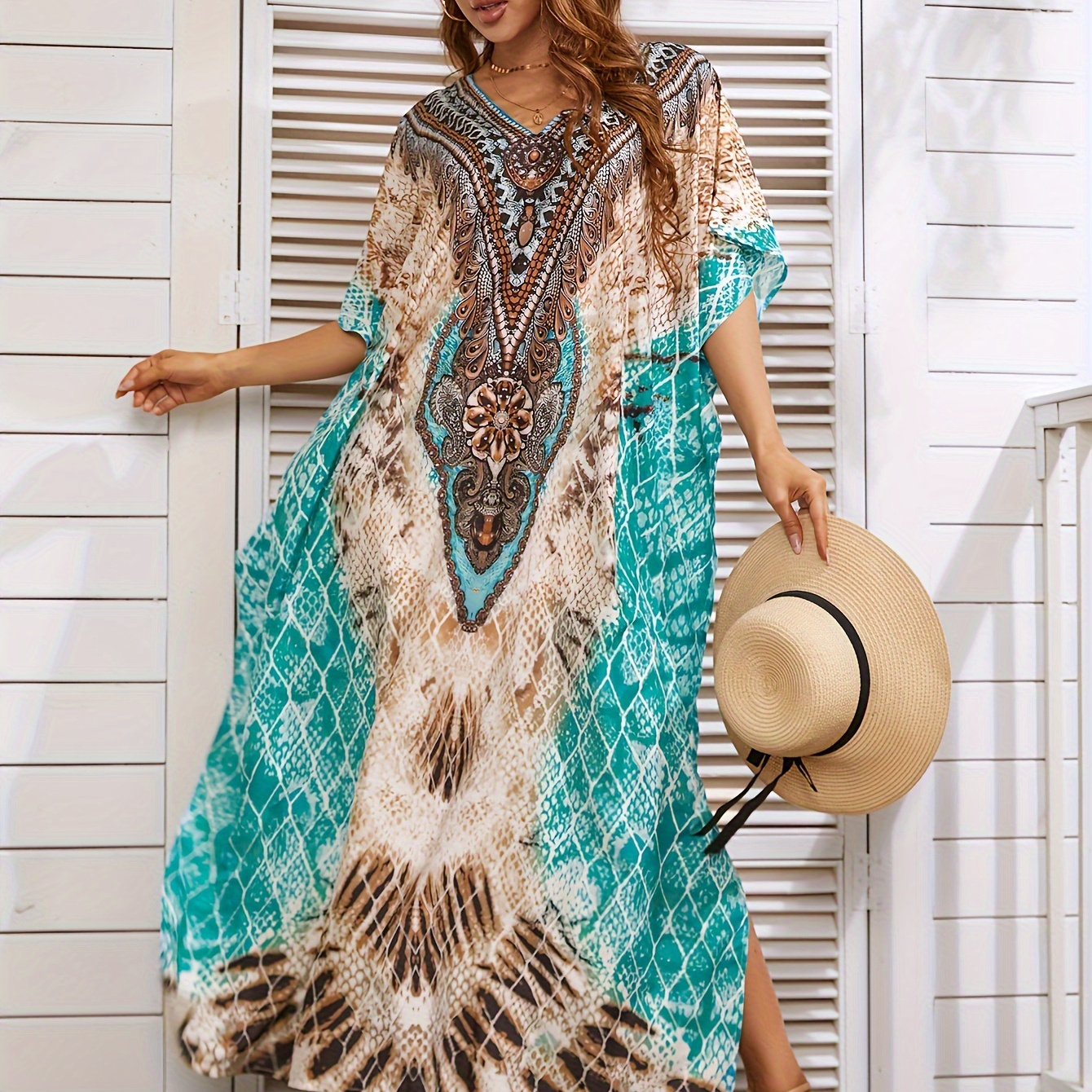 

Women's Tribal Style Cover Up, Plus Size V Neck Loose Fir Split Beach Kaftan Dress