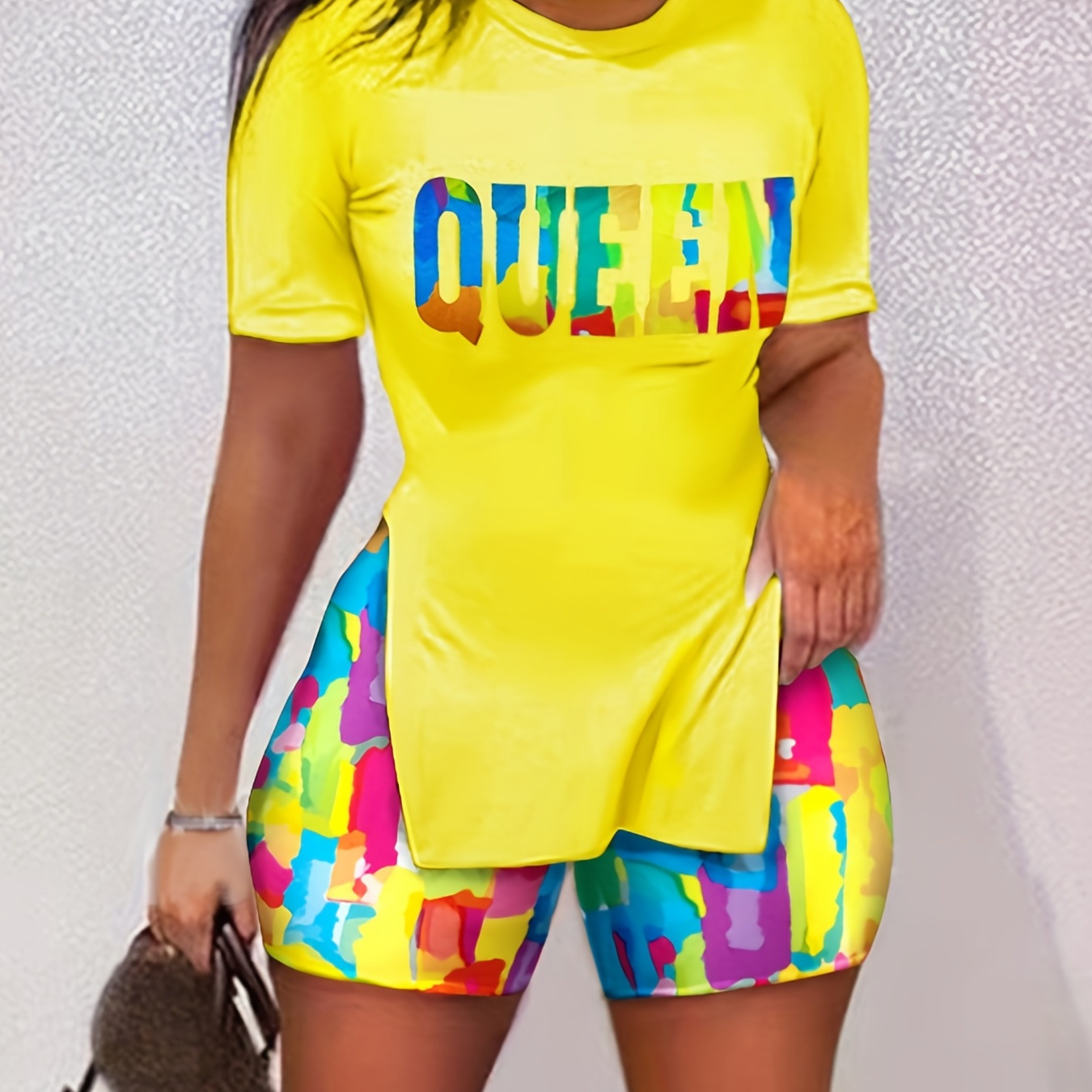

Casual Spring & Summer Two-piece Set, Queen Print Split Short Sleeve Tee & Colorful Printing Shorts Outfits, Women's Clothing
