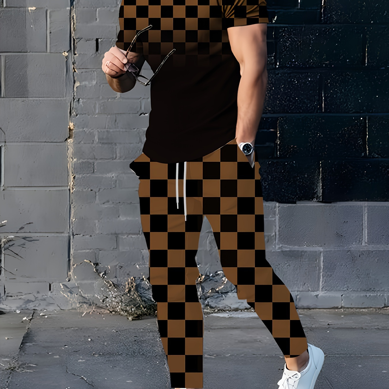 

Men's Casual 2-piece Outfit, Checkerboard Pattern Print T-shirt & Pants Set, Breathable Comfy Short Sleeve Top, Fashion Cozy Drawstring Pants