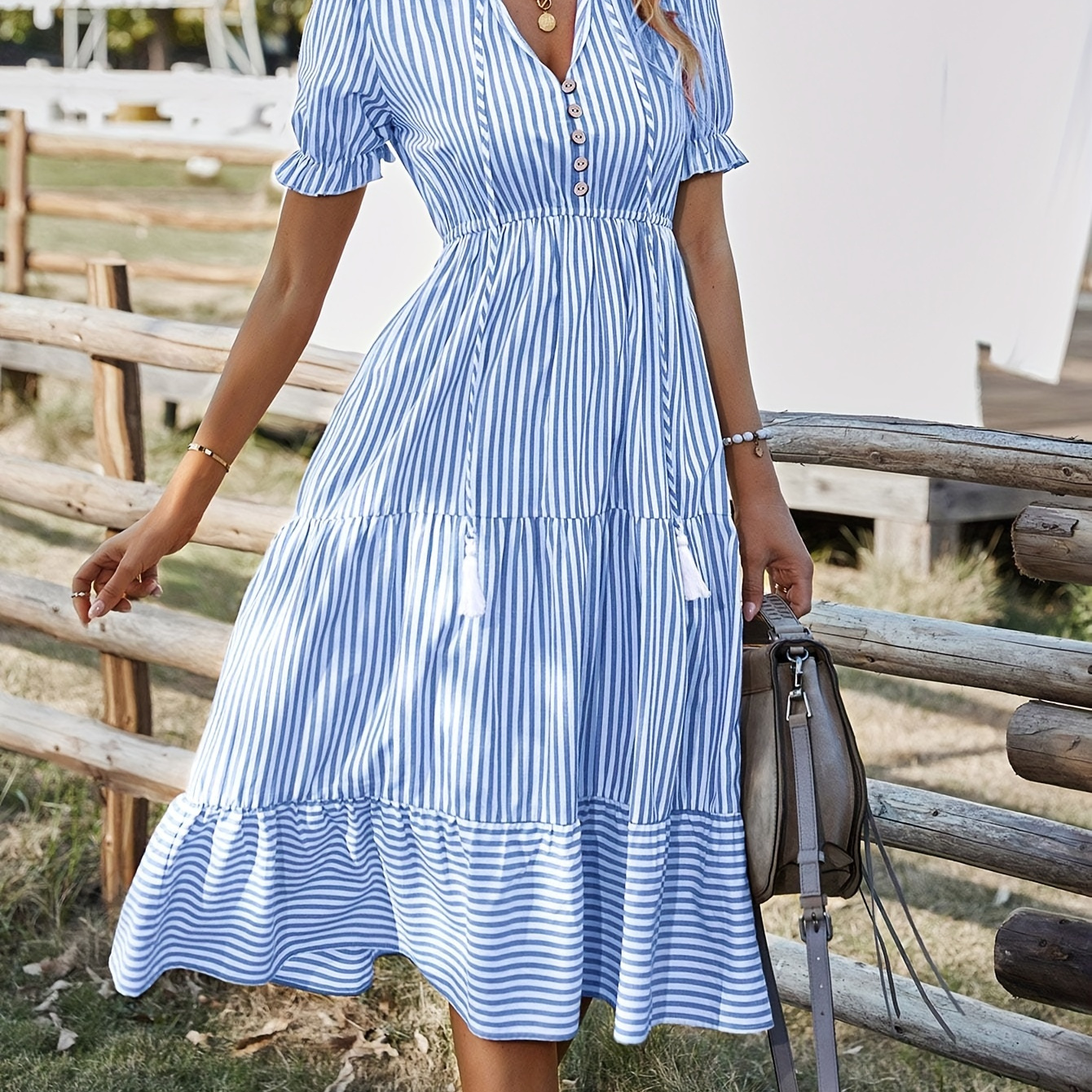 

Striped V-neck Button Dress, Casual Cinched Waist Short Sleeve Midi Dress For Spring & Summer, Women's Clothing