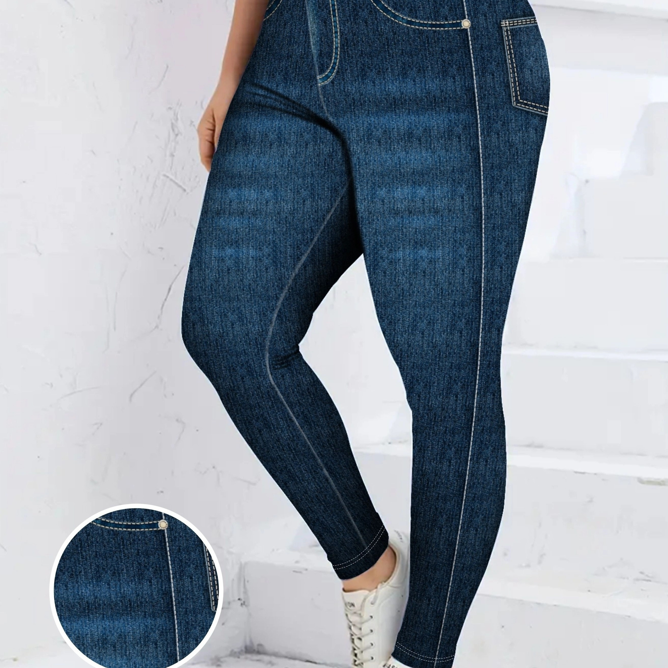 

Plus Size All Over Print Faux Denim Skinny Leggings, Casual Every Day Stretchy Leggings, Women's Plus Size Clothing