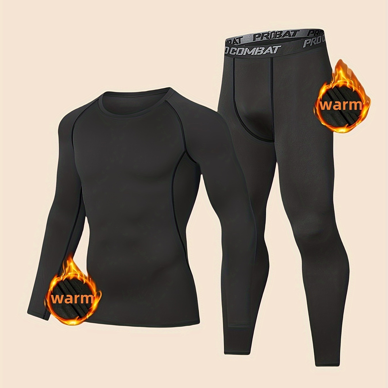 

1set Fleece-lined Set - Polyester & Long Sleeve Ribbed And Tights For Running, , - , , Adult