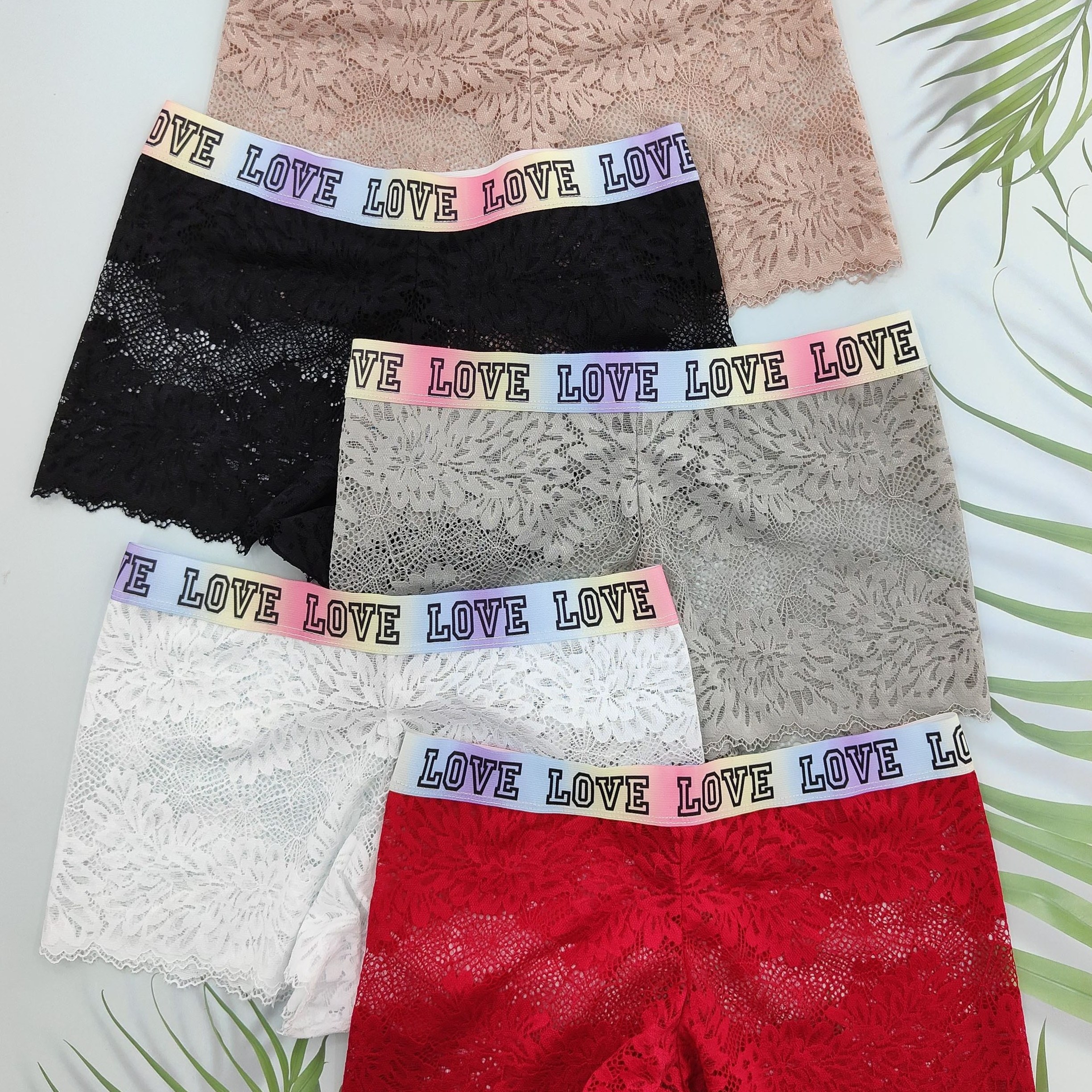

5 Pairs Letter Print Boyshort Panties, Comfortable Scallop Trim Floral Lace Panties, Women's Lingerie & Underwear