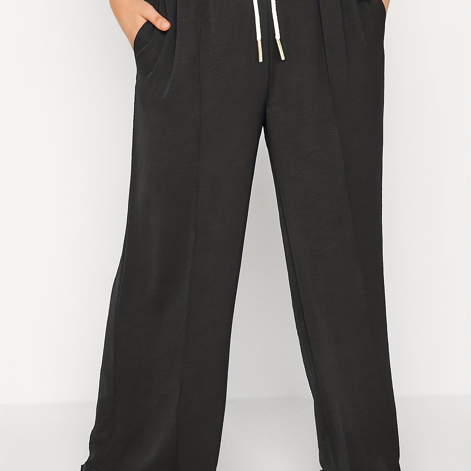 Plus Size Casual Pants, Women's Plus Plain Drawstring Elastic Wide Leg Pants With Pockets