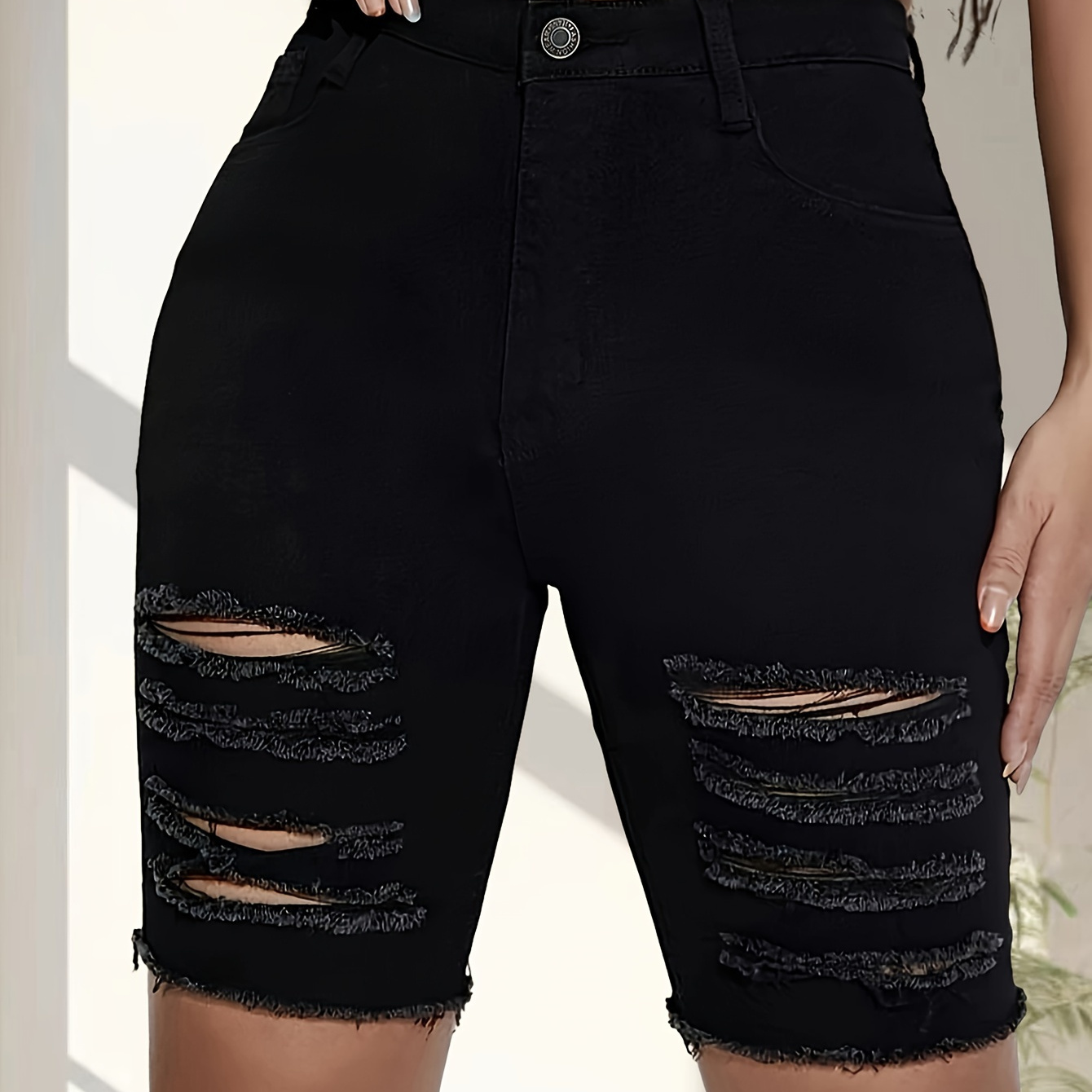 

Women's High Waist Plain Black Color Ripped Bermuda Denim Shorts, Stretchy Slim Fit, Frayed Hem, Mid-thigh Length, Street Fashion Style, Versatile Jean Shorts