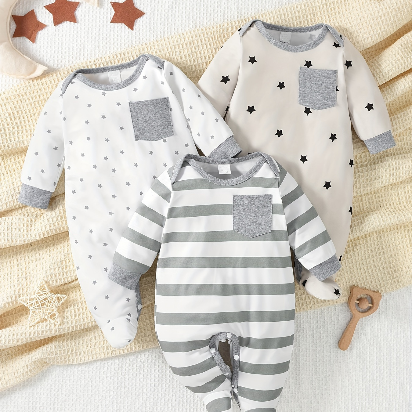 

3-pack Newborn Unisex Footed Onesie Rompers Set, Casual Style, Pattern, Comfortable Baby Pajamas, Snap Closure - Grey/white/beige