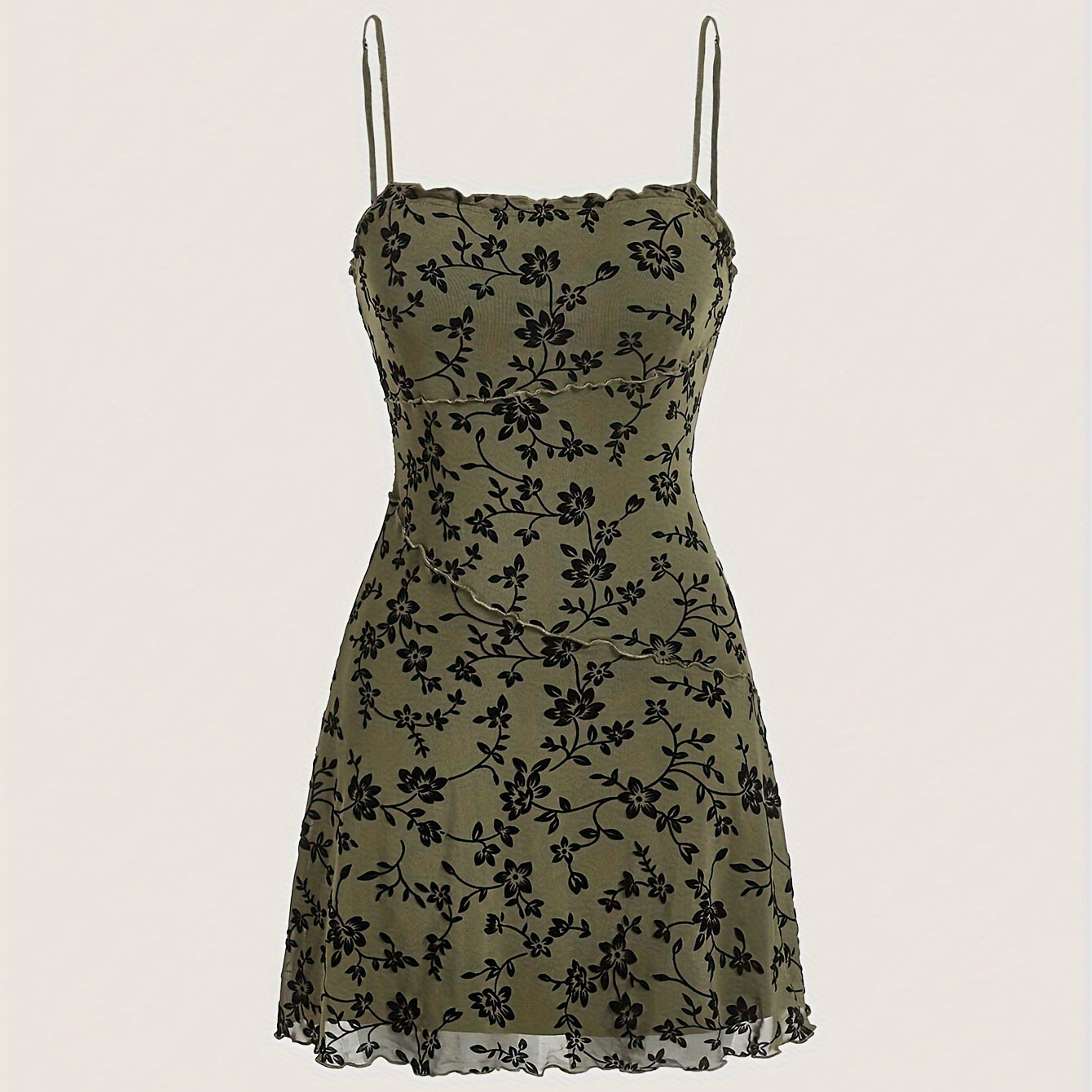 

Floral Print Lettuce Trim Cami Dress, Vintage Sleeveless Mesh Splicing Slim Dress For Spring & Summer, Women's Clothing