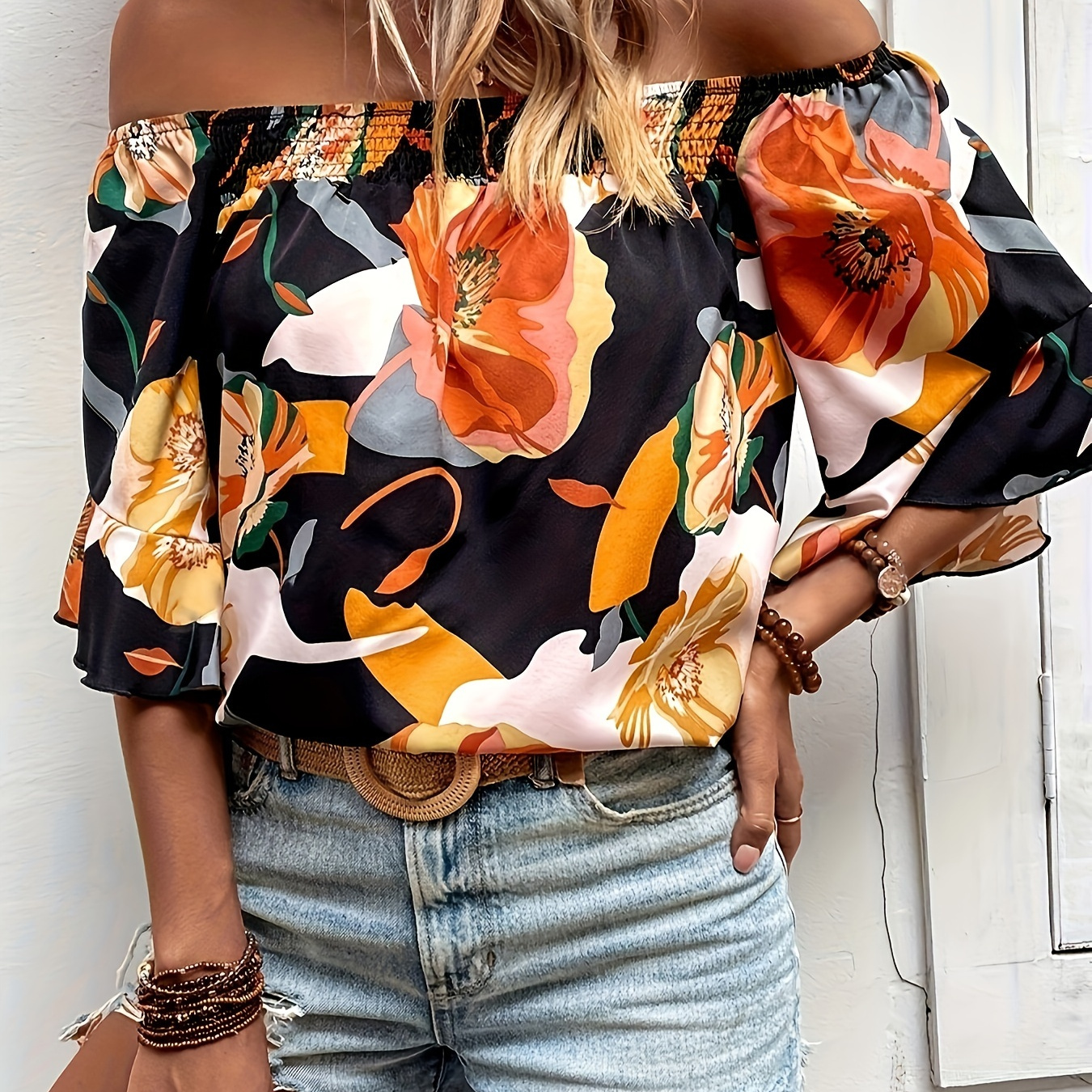 

Floral Print Off-shoulder Blouse, Casual Flare Sleeve Straight Neck Shirred Top For Spring & Summer, Women's Clothing