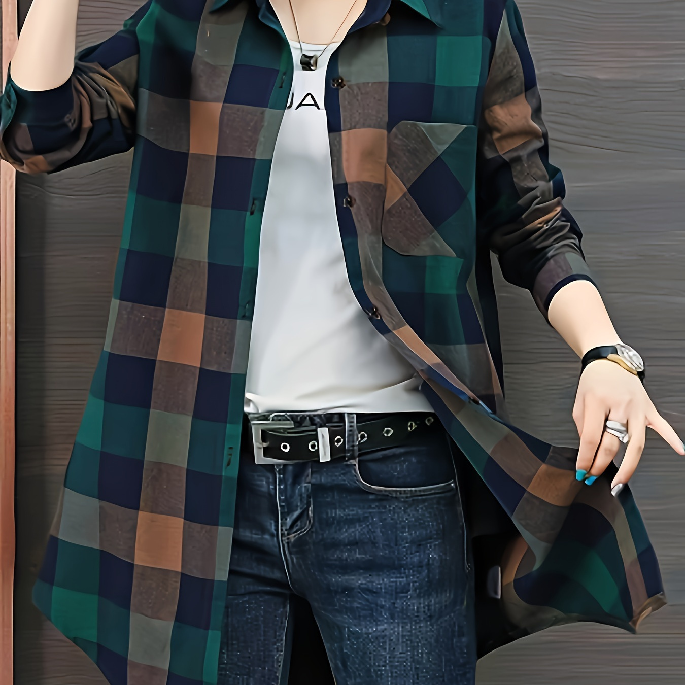 

Plaid Pattern Button Front Shirt, Casual Long Sleeve Lapel Curved Hem Shirt For Work, Women's Clothing