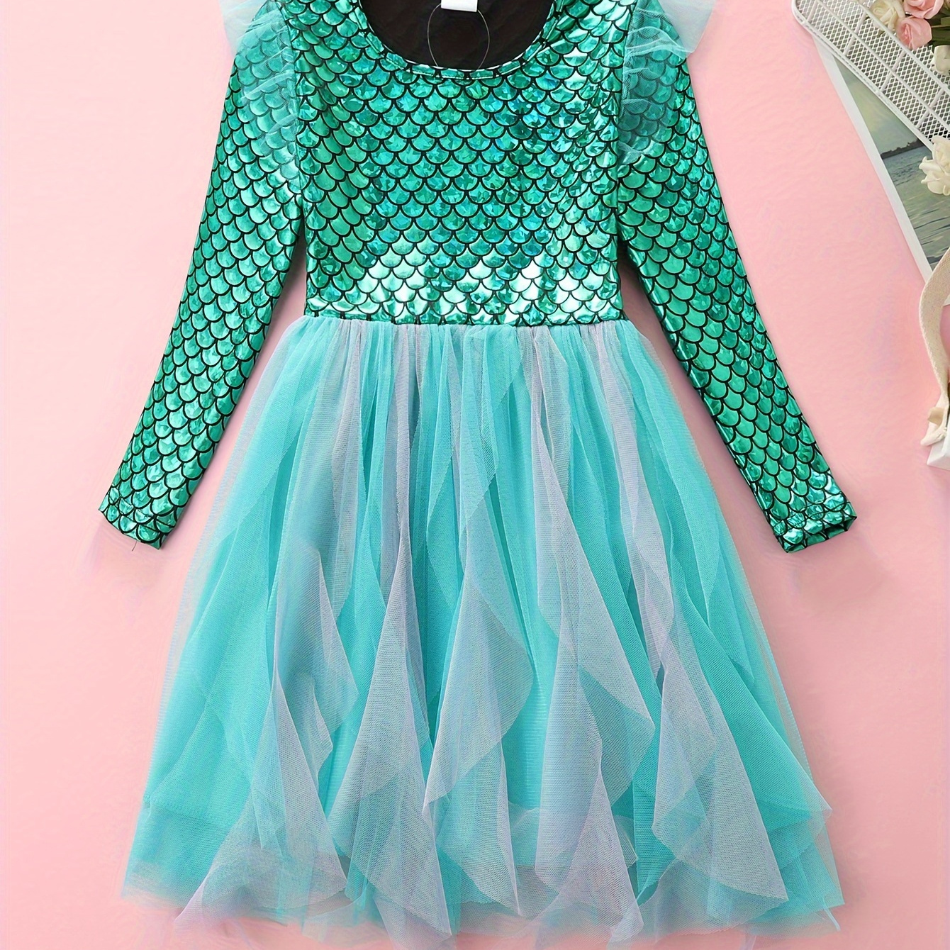 

Mermaid-style Girls Long Sleeve Mesh Stitching Princess Dress Back-school Party Holiday Dress Gift