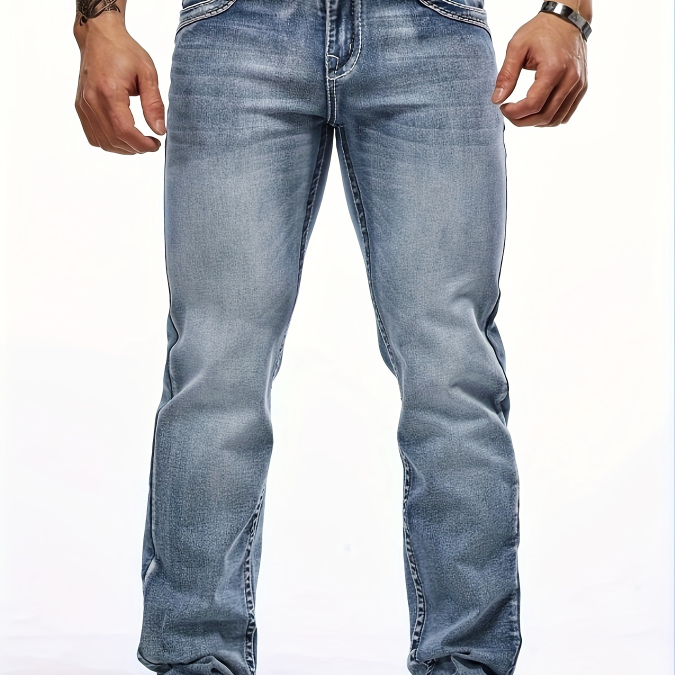

Men's Vintage Style Denim Jeans, Casual Regular Fit Pants With Pockets, Street Style Fashion