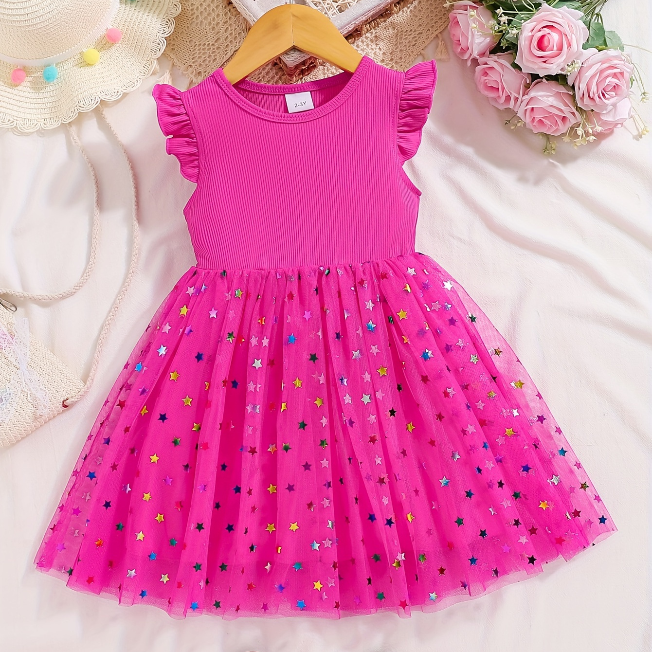 

Girls Sweet Dots Mesh Ruffle Sleeve Dress - Ideal For Holiday Summer Gift