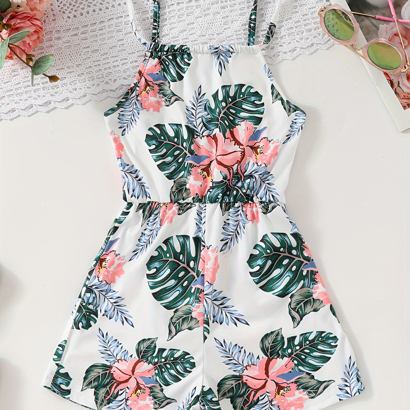 

Girls Stylish & Casual Allover Flowers Pattern Print Cami Romper Jumpsuit For Spring & Summer
