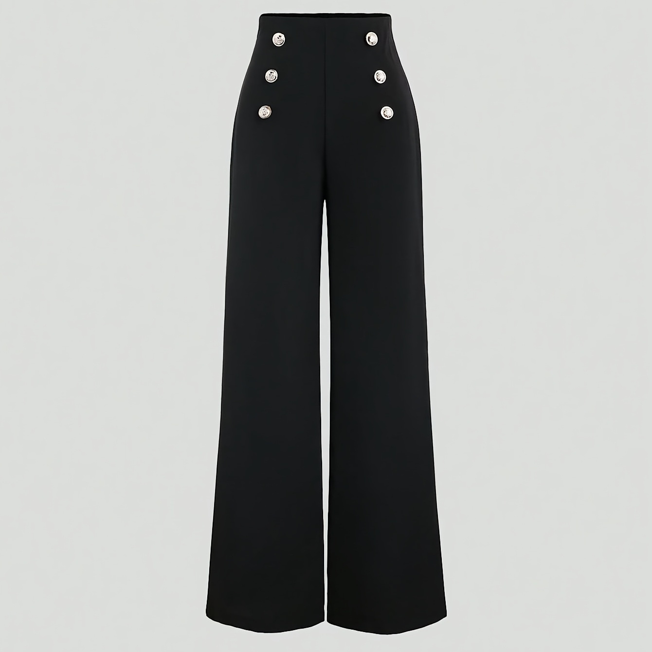 

Women's Chic High-waisted Wide-leg Trousers, Solid Color, Polyester Knit Fabric, Office Wear Pants With Button Detail For All