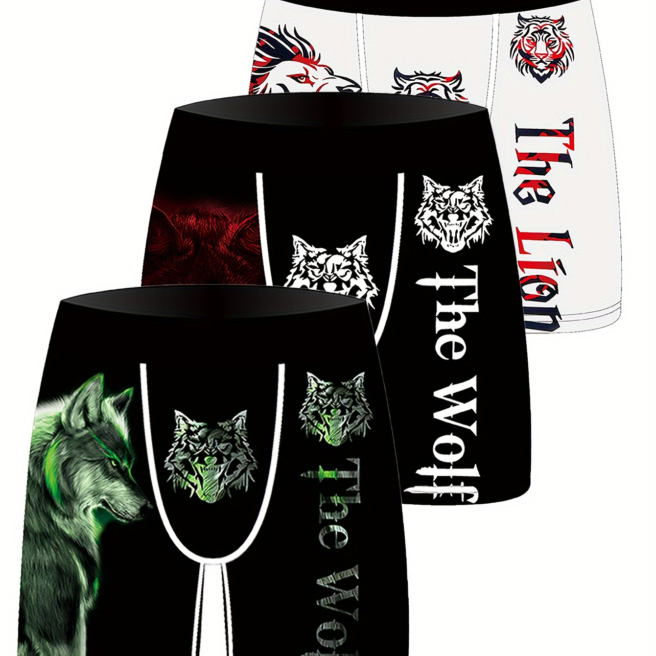 

Stylish 3 Pcs Men's Wolf Lion Print Boxer Briefs - Comfy & Quick- Drying & Breathable Underwear Set