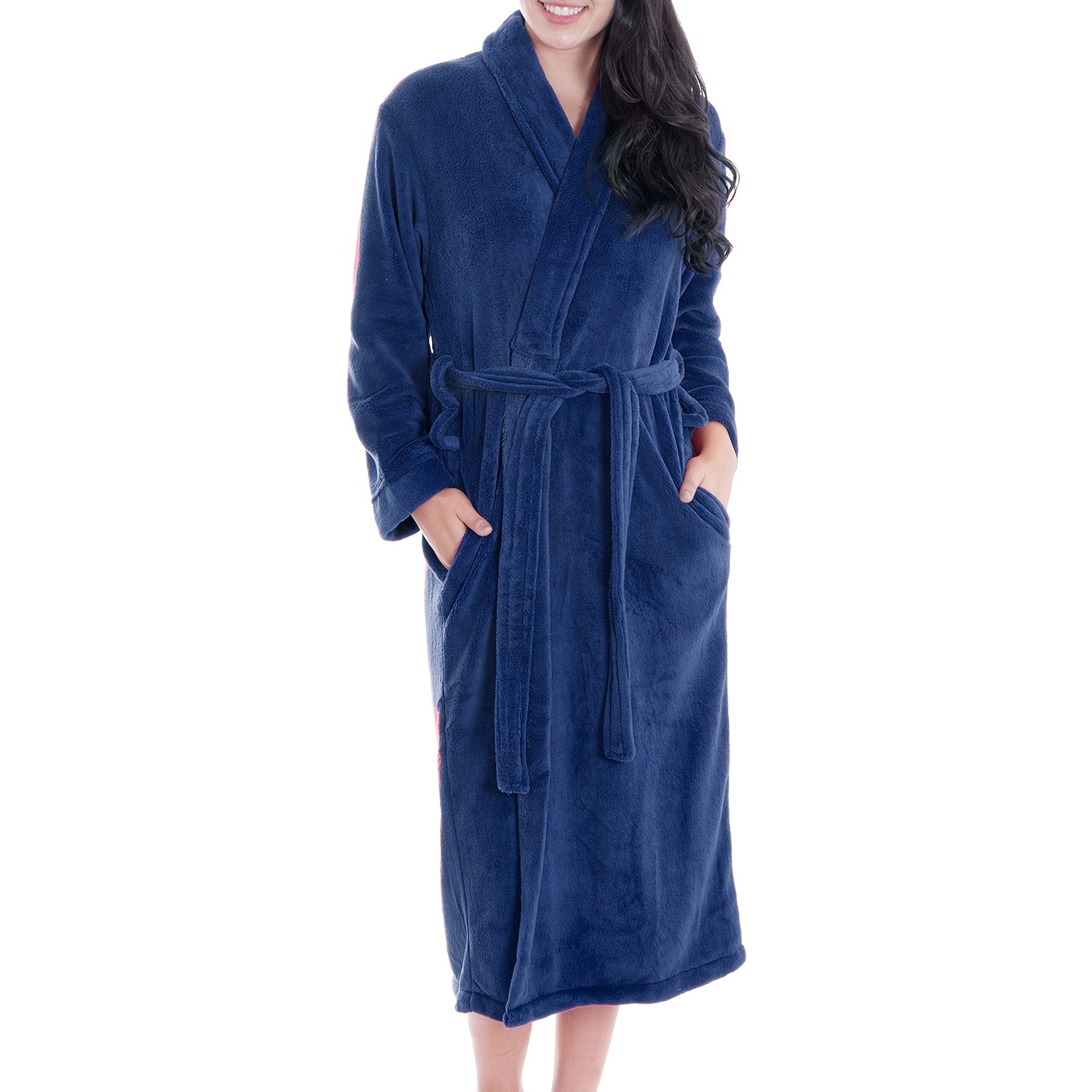 

Cozy Coral Fleece Robe For Women - , Long Sleeve With Belt & Pockets, V-neck, Machine Washable - Elegant Autumn/winter Loungewear