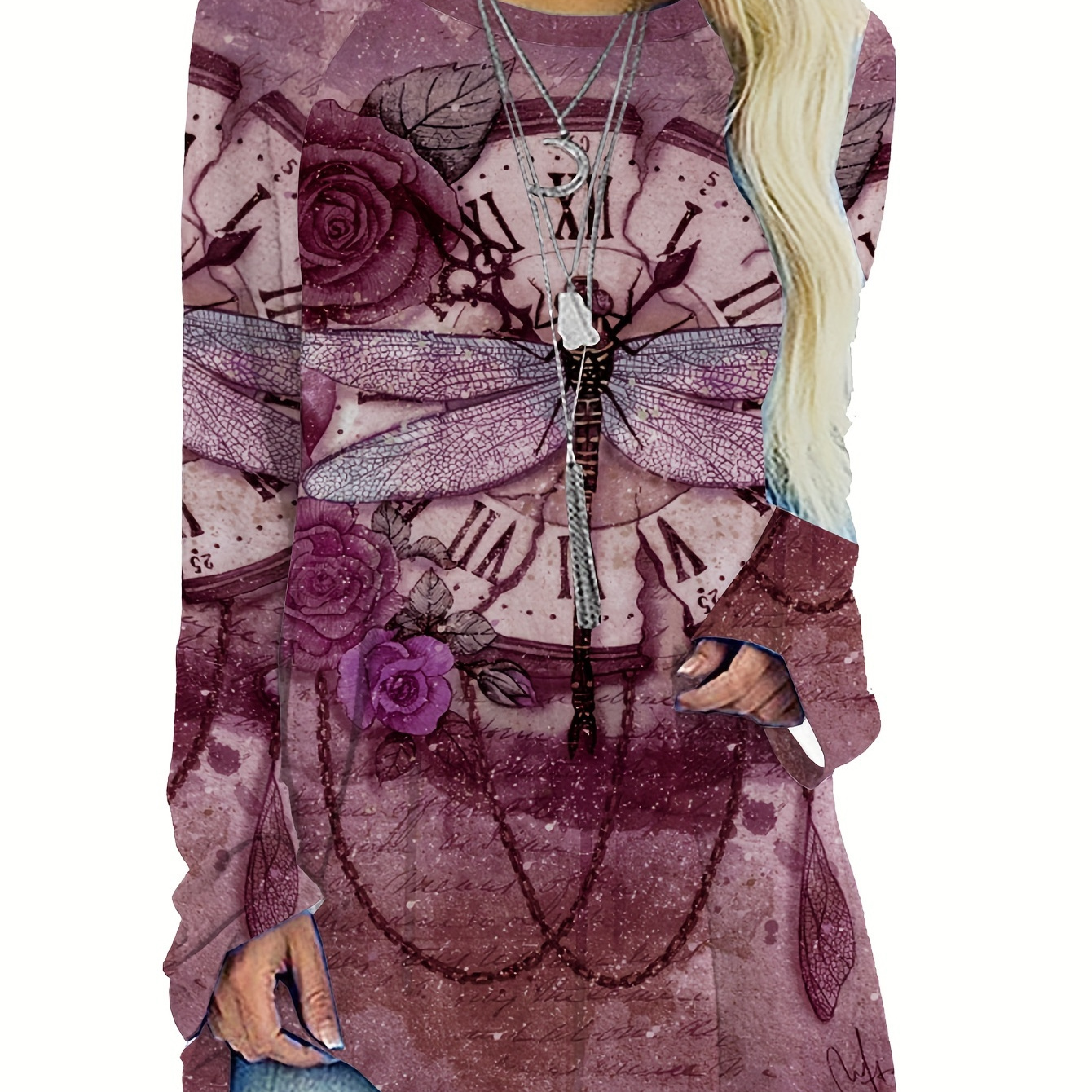 

Plus Size Gothic Top, Women's Plus Dragonfly & Rose Print Long Sleeve Round Neck Medium Stretch Top