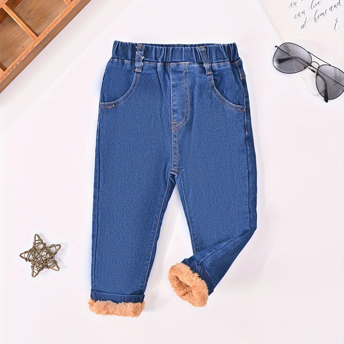 

Boys Casual Thickened And Fleeced Denim Long Pants With Pocket, Kids Clothing For Spring And Autumn Outdoor