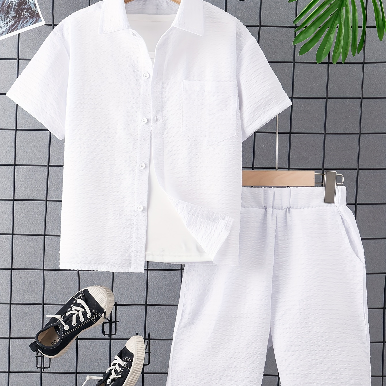 

2pcs Boys Casual Solid Color Textured Short Sleeve Lapel Shirt & Shorts Set, Comfy Summer Boys Clothing