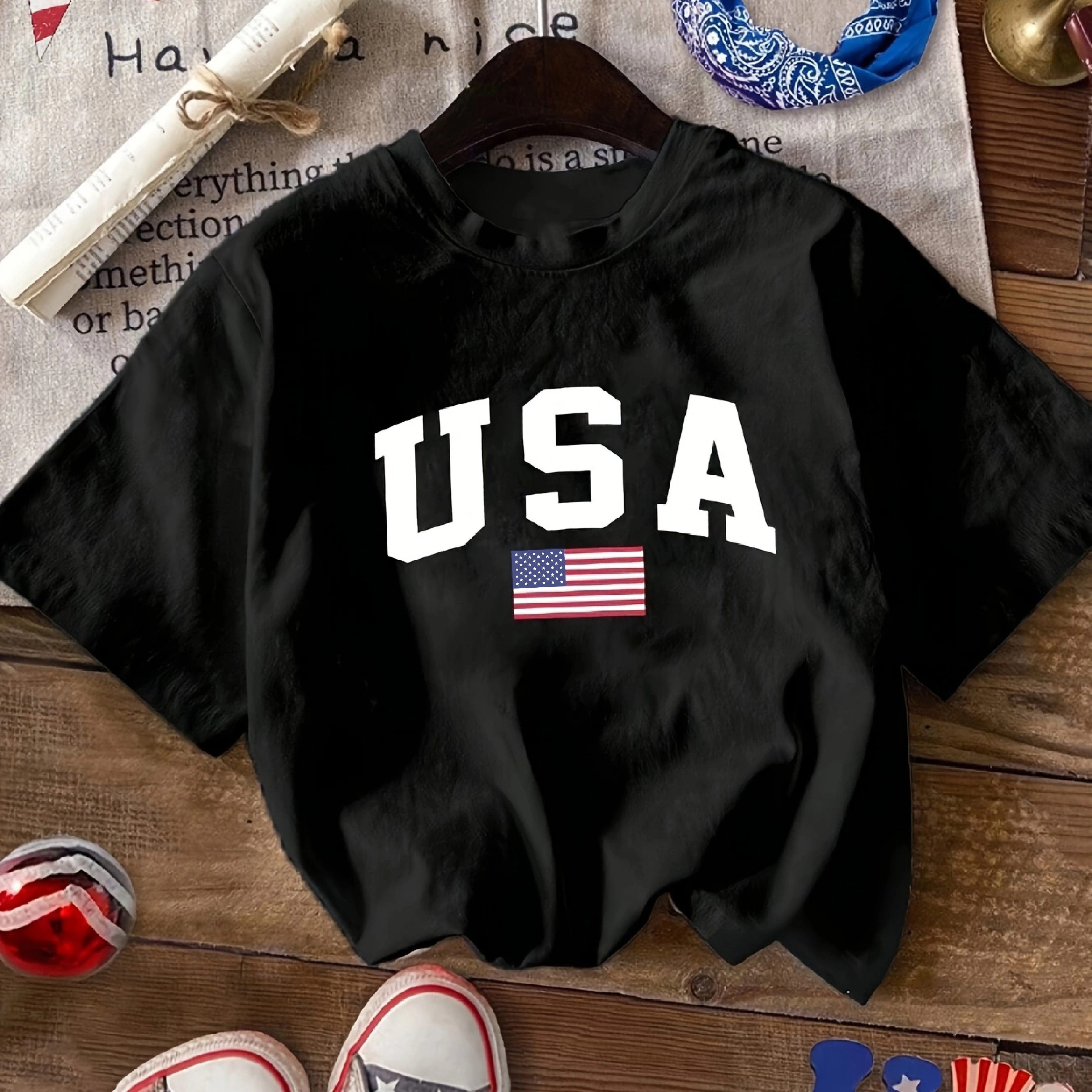 

Letter & American Flag Print T-shirt, Short Sleeve Crew Neck Casual Top For Summer & Spring, Women's Clothing