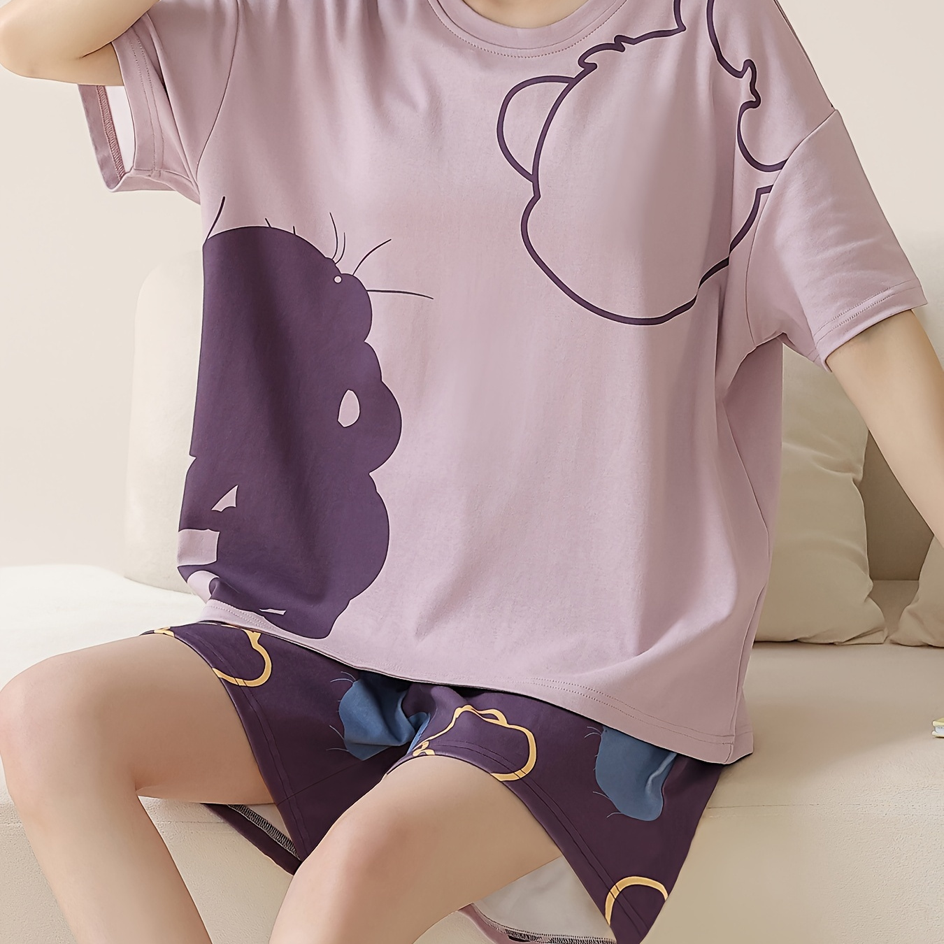 

Women's Cute Cartoon Print Loose Fit Pajama Set, Short Sleeve Round Neck Top & Shorts, Comfortable Relaxed Fit