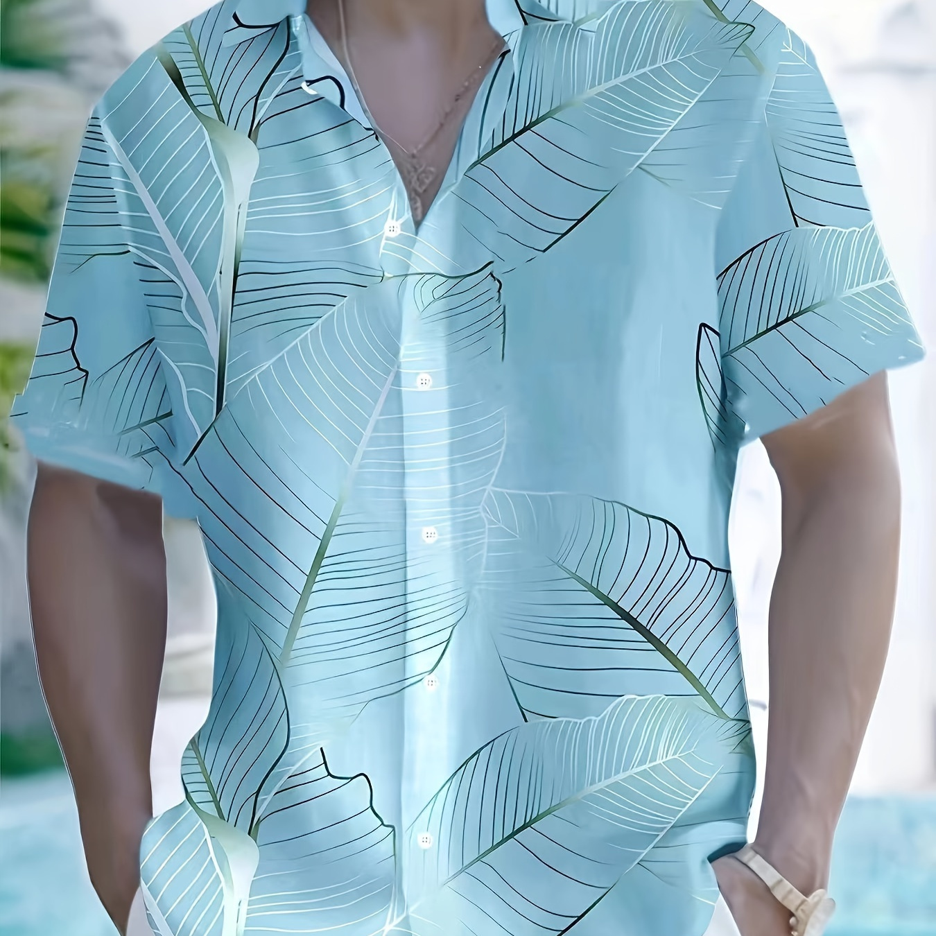 

Leaf Pattern Men's Fashionable And Simple Short Sleeve Button Casual Lapel Shirt, Trendy And Versatile, Suitable For Summer Dates, Beach Holiday, As Gifts, Men's Clothing
