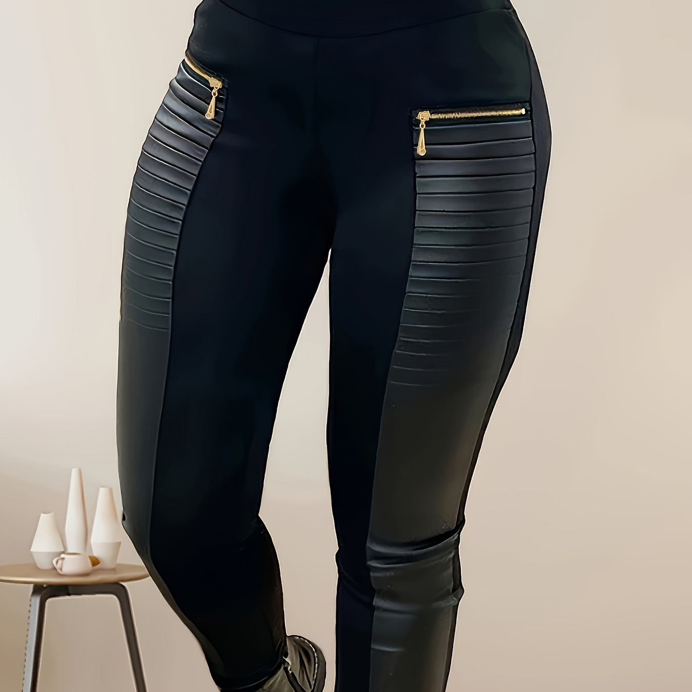 

1pc Women's Casual Black Polyester Pants, Slight Stretch Knit Fabric, Solid Color Regular Fit With Zipper Pockets