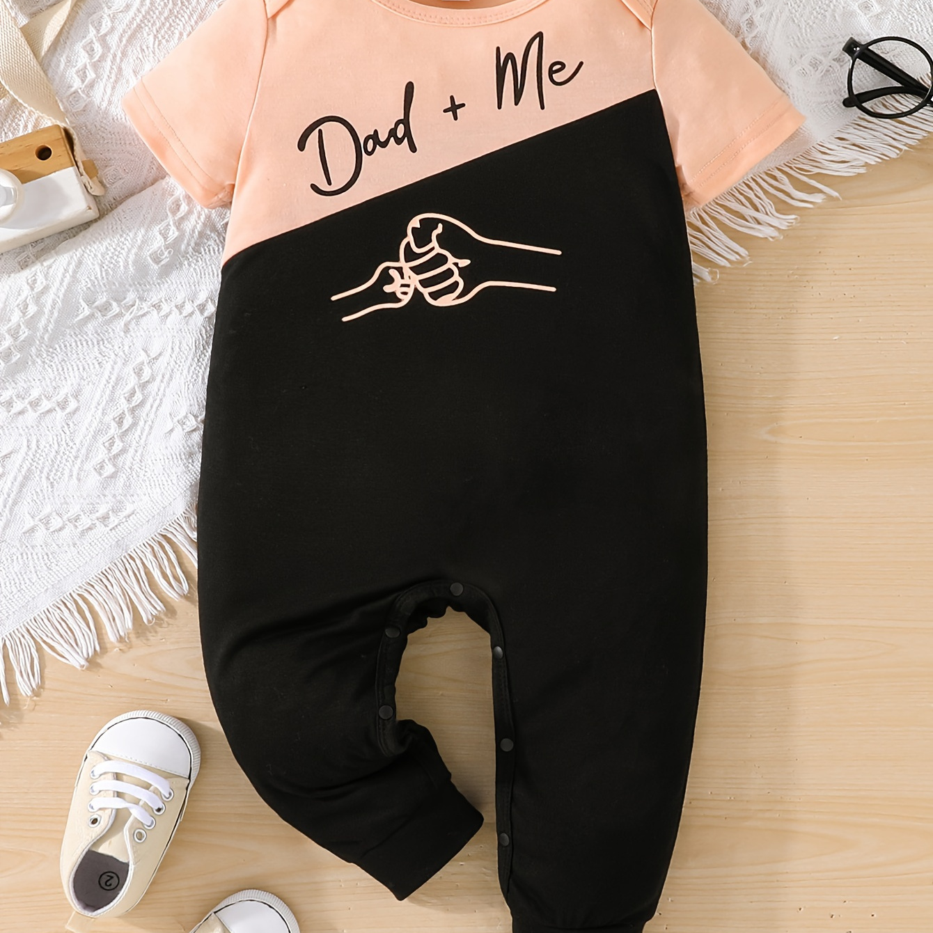 

Baby Boy's "dad+me" Print Bodysuit, Comfy Color Clash Short Sleeve Onesie, Infant's Clothing