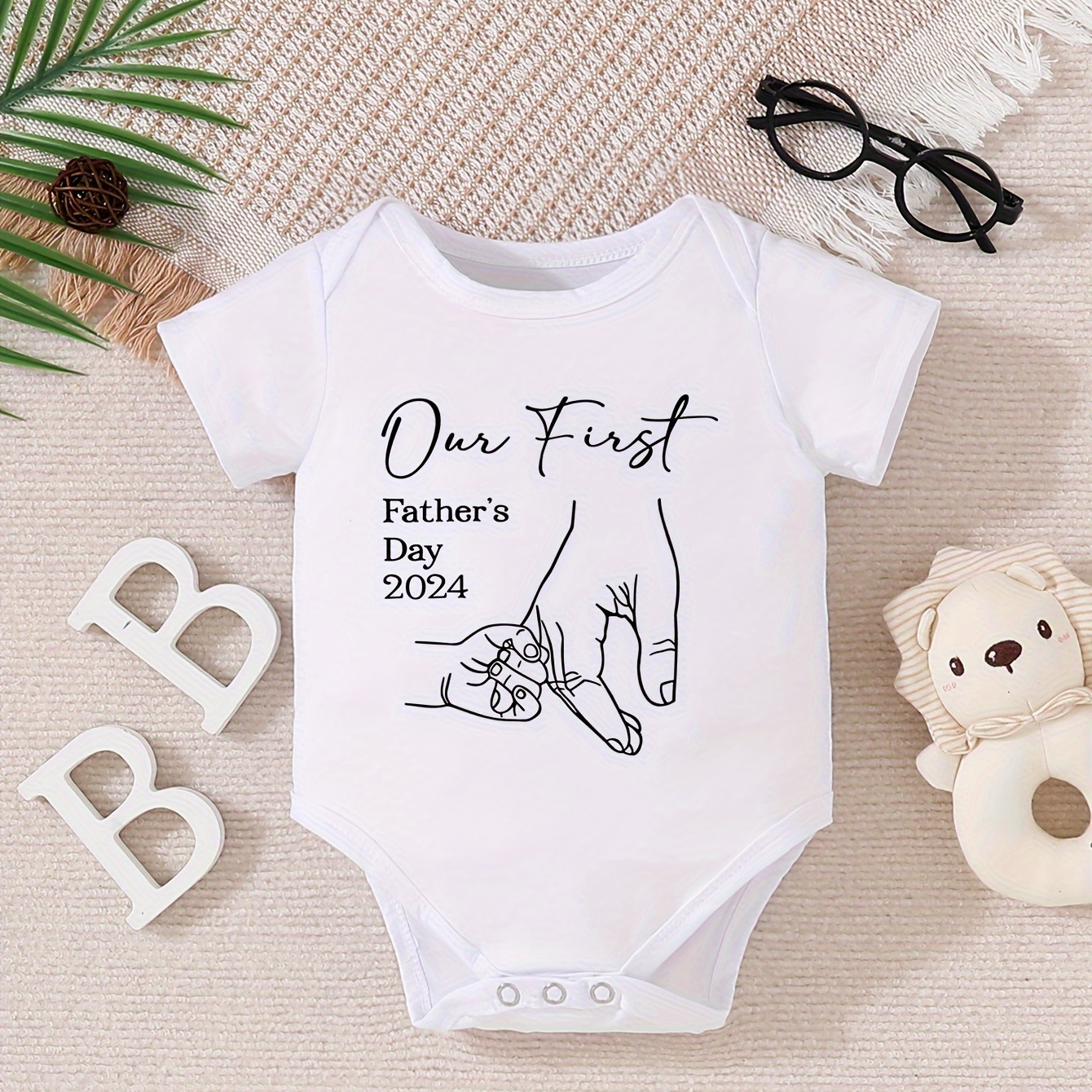 

Baby's "our First Father's Day 2024" Print Bodysuit, Casual Short Sleeve Romper, Toddler & Infant Boy's Clothing