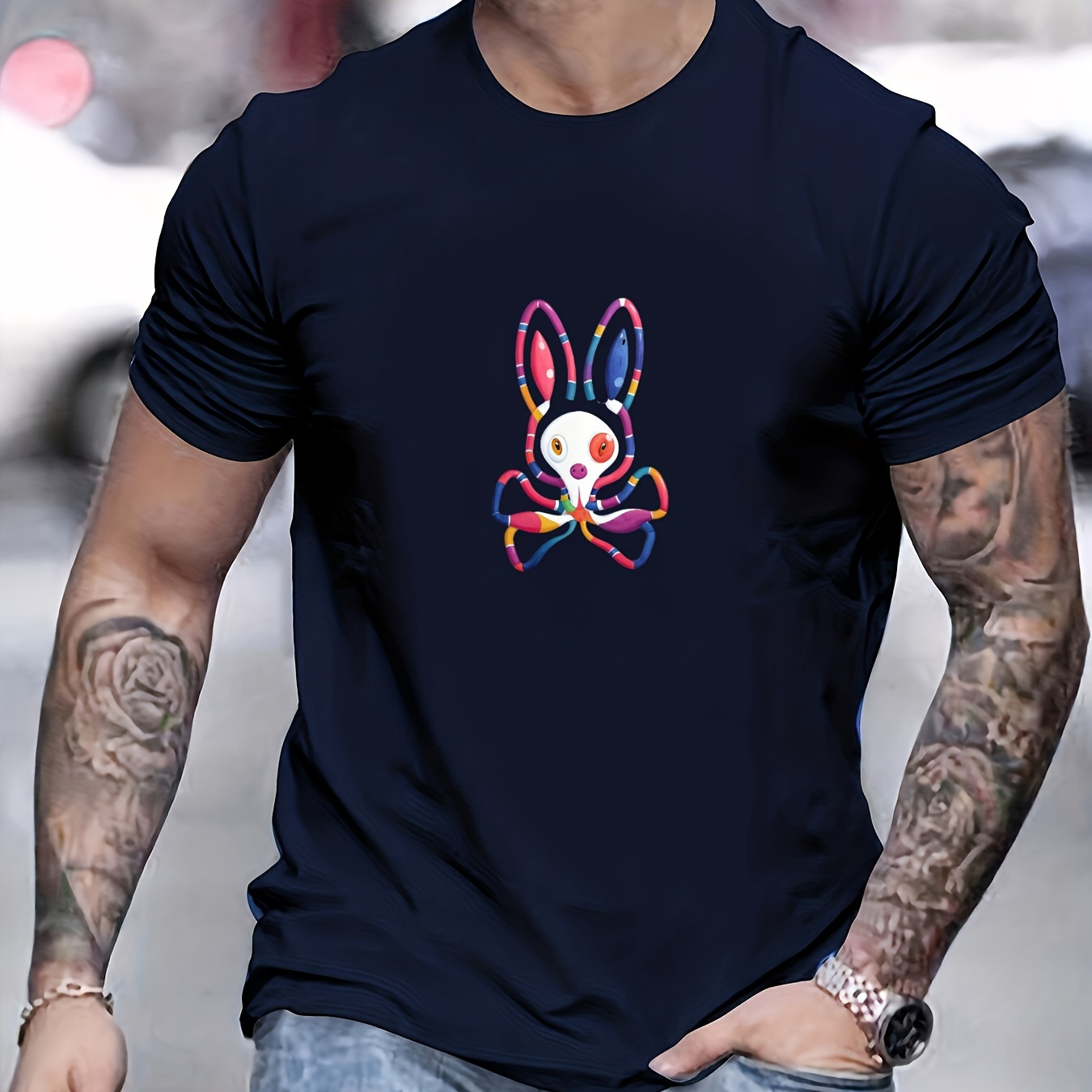 

Colored Rabbits And Skeletons, Print Tee Shirt, Tees For Men, Casual Short Sleeve T-shirt For Summer