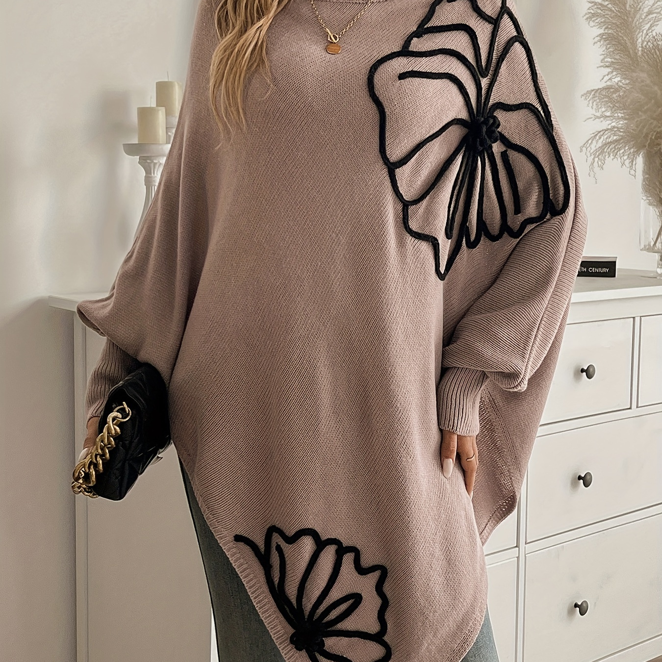 

Floral Pattern Knit Poncho, Elegant Hanky Hem Crew Neck Sweater For Fall & Winter, Women's Clothing