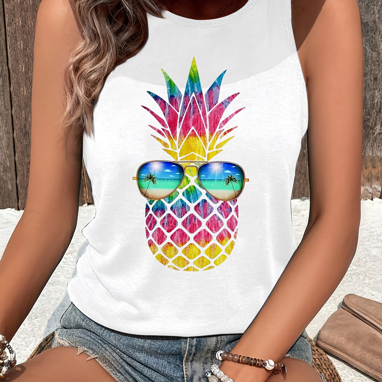 

Pineapple Print Crew Neck Tank Top, Sleeveless Casual Top For Summer & Spring, Women's Clothing