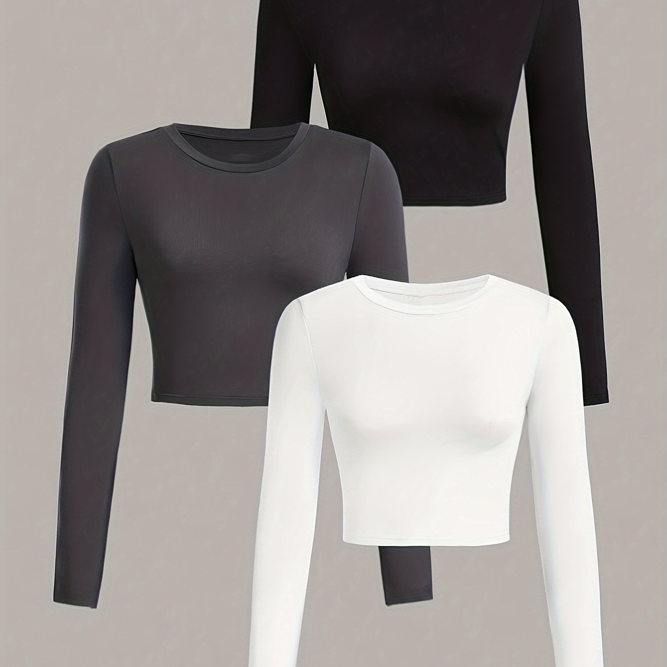 

3 Packs Solid Crew Neck T-shirt, Casual Long Sleeve T-shirt For Spring & Fall, Women's Clothing