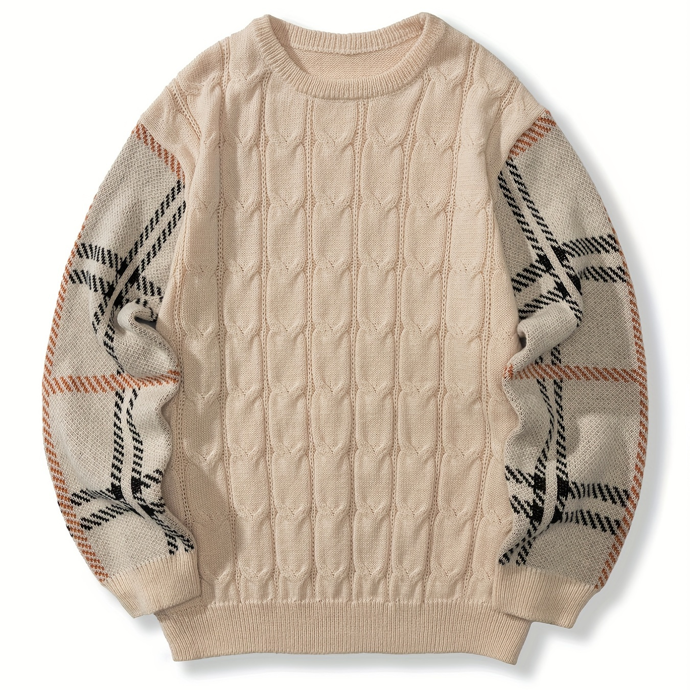 Men's Plus Size Pullover Knit Sweater, Trendy Sweater With Plaid Print Sleeves For Spring/autumn/winter