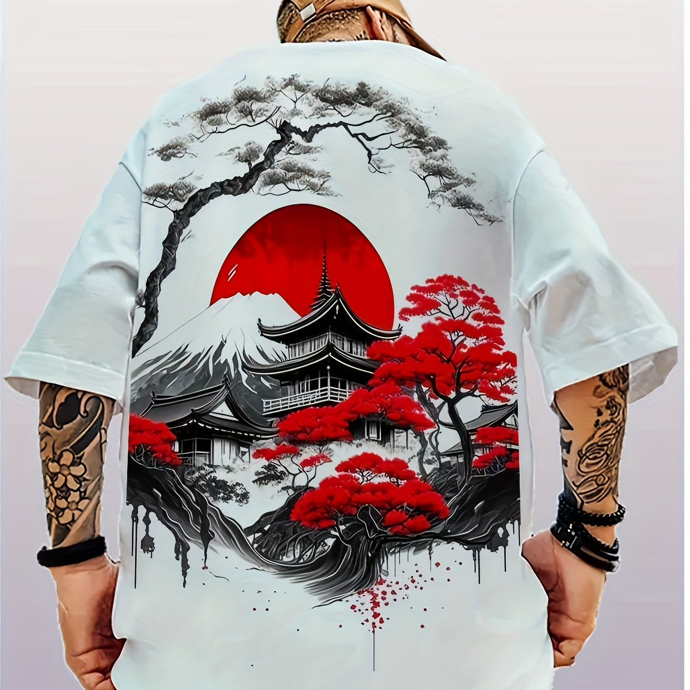 

Japanese-inspired 3d Floral Print T-shirt For Men, Casual Crew Neck With Short Regular Sleeves, 100% Polyester Knit Fabric, All-season Comfort Fit, Daily & Casual Wear