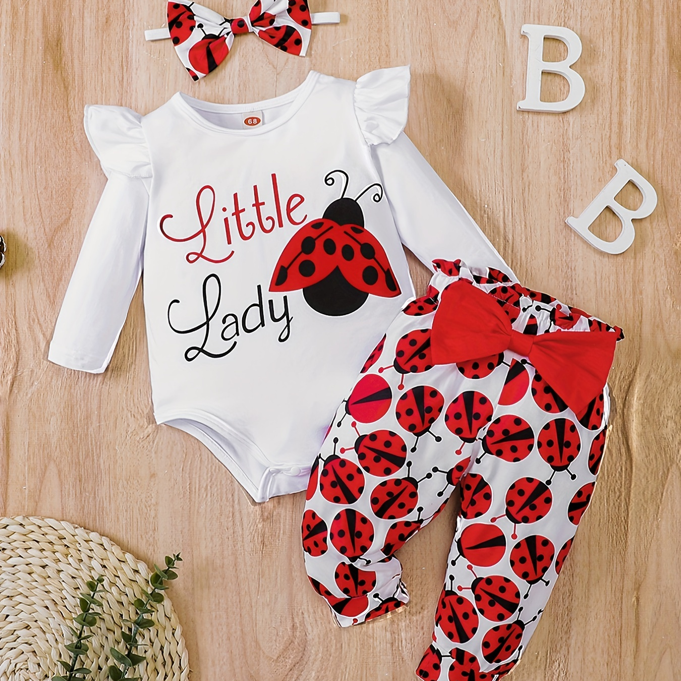 

Cute Cartoon Ladybug Print Baby Girls Romper & Bow Pants Set For Autumn & Spring