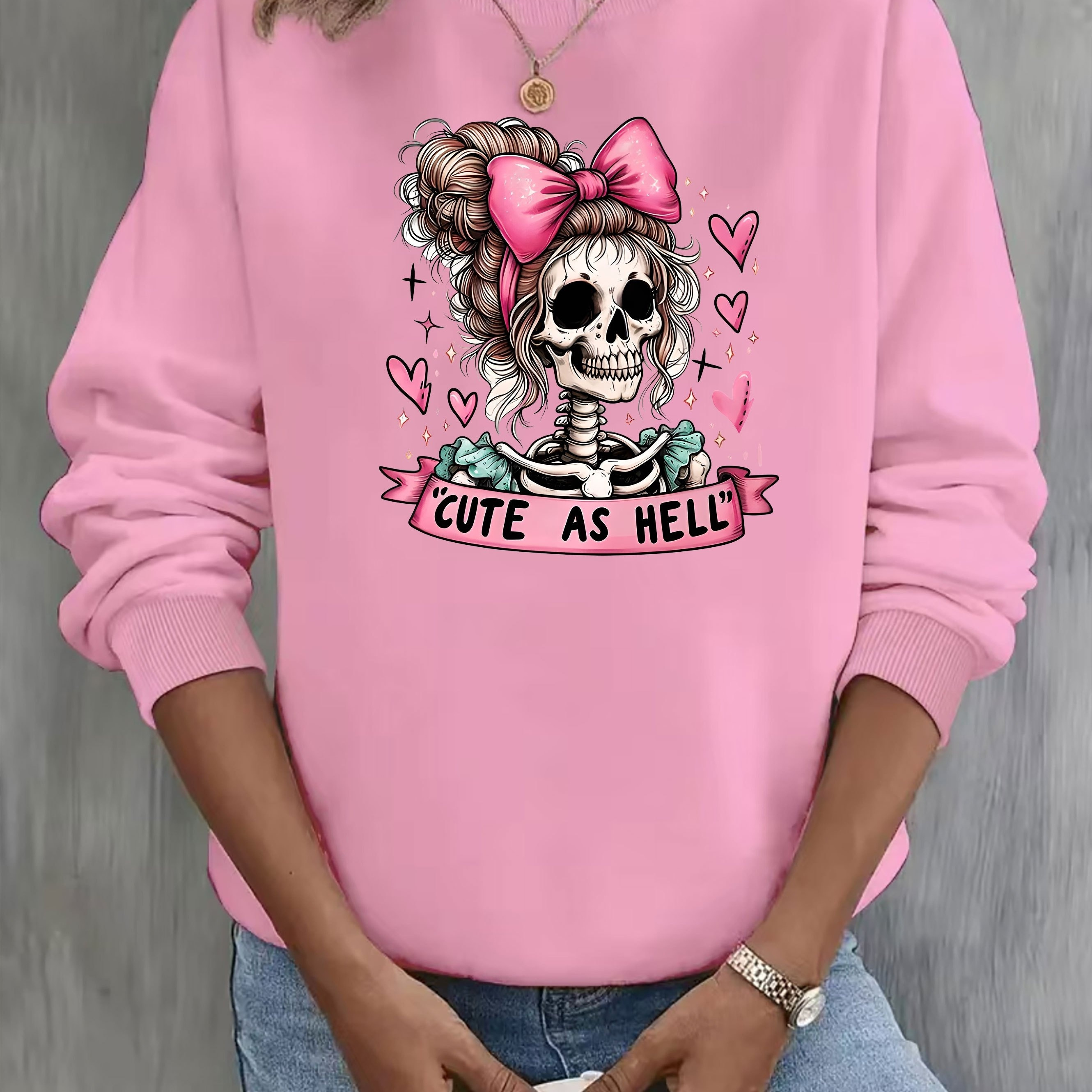 

Plus Size Skull Print Pullover Sweatshirt, Casual Crew Neck Long Sleeve Sweatshirt For Spring & Fall, Women's Plus Size Clothing