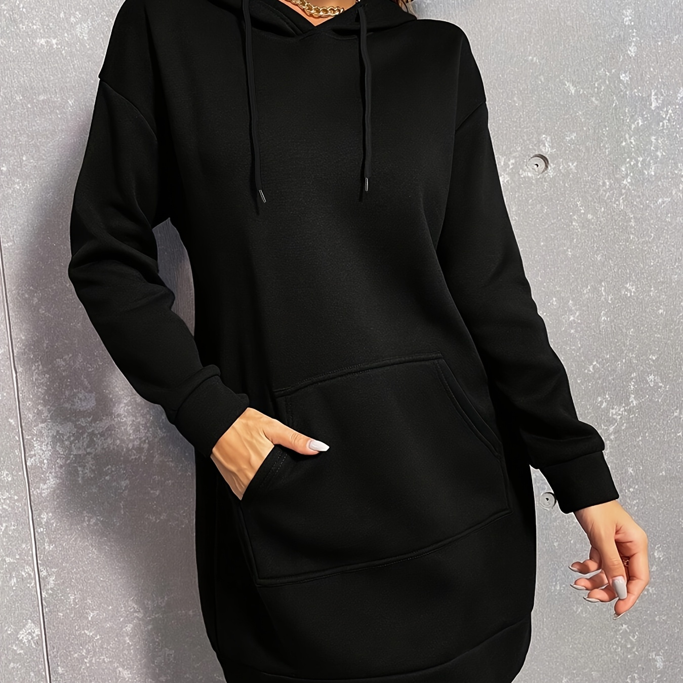 

1pc Women's Casual Polyester Hoodie With Drawstring And Kangaroo Pocket - Solid Color Knit Fabric Hooded Sweatshirt For Fall/winter