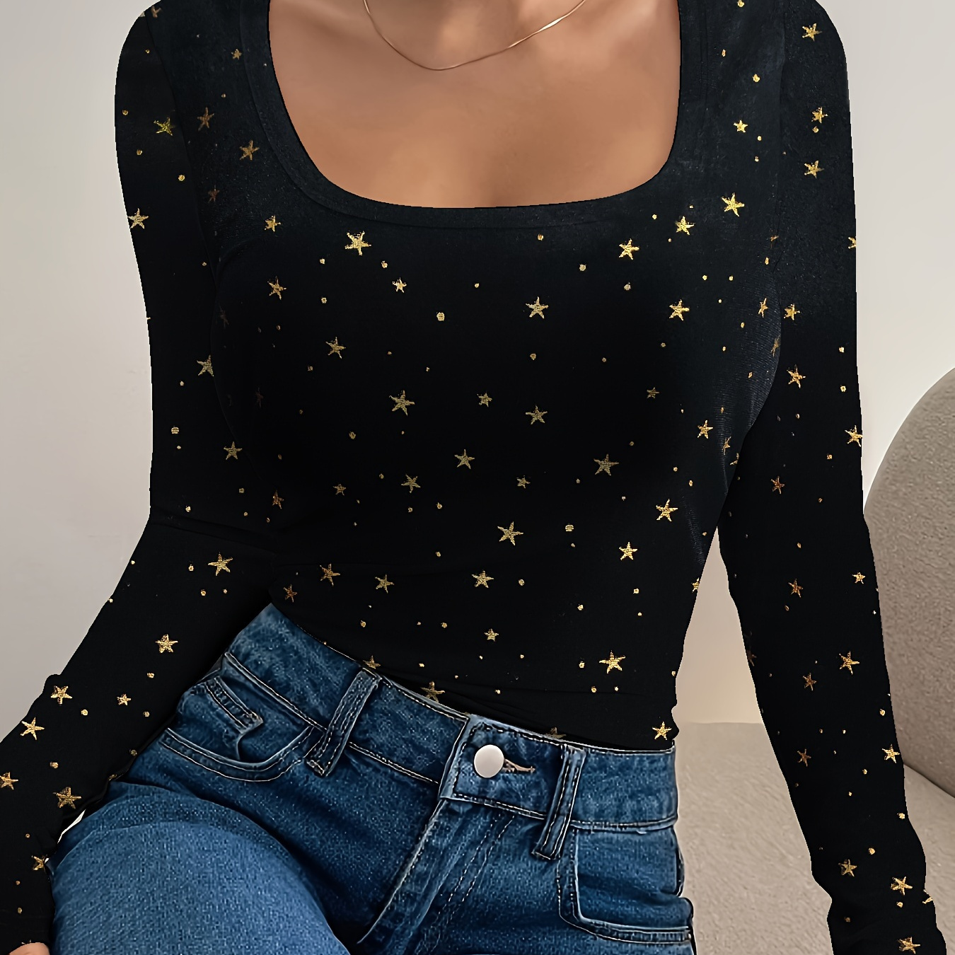

Star Print Square Neck T-shirt, Casual Long Sleeve T-shirt For Spring & Fall, Women's Clothing