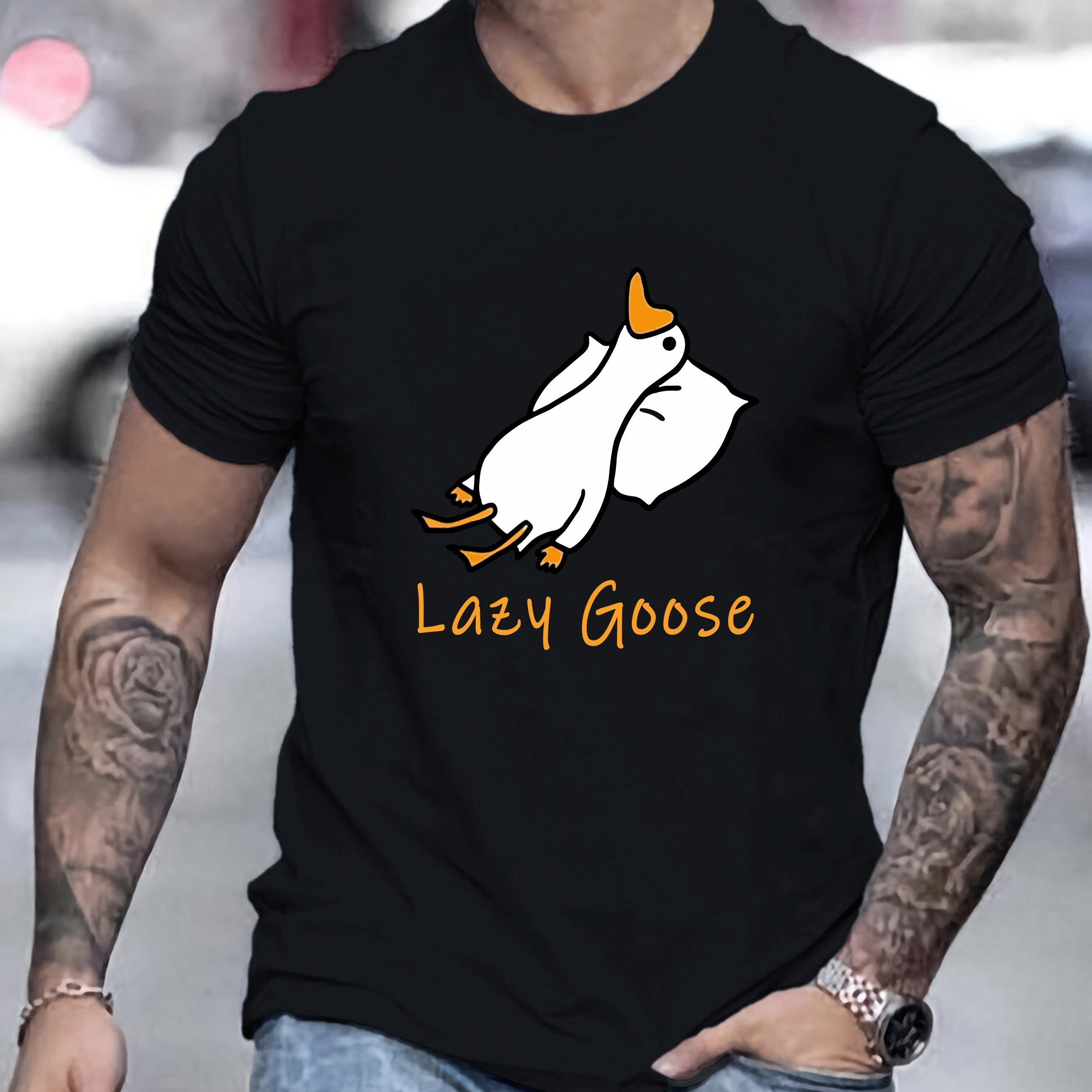 

Lazy Goose Pattern Print Men's Comfy Chic T-shirt, Graphic Tee Men's Summer Outdoor Clothes, Men's Clothing, Tops For Men, Gift For Men