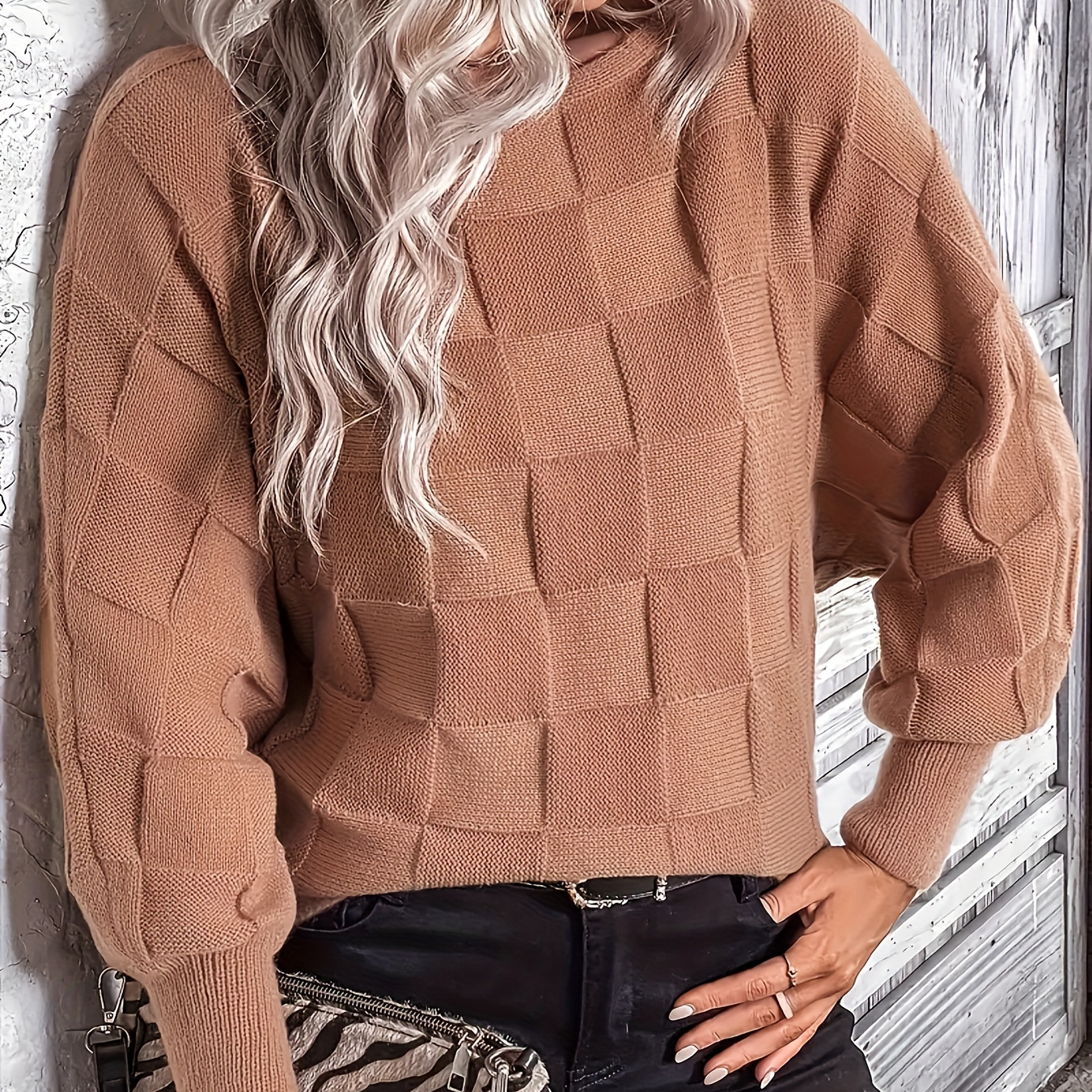 

Solid Plaid Crew Neck Pullover Sweater, Elegant Lantern Sleeve Warm Knitted Sweater For Fall & Winter, Women's Clothing