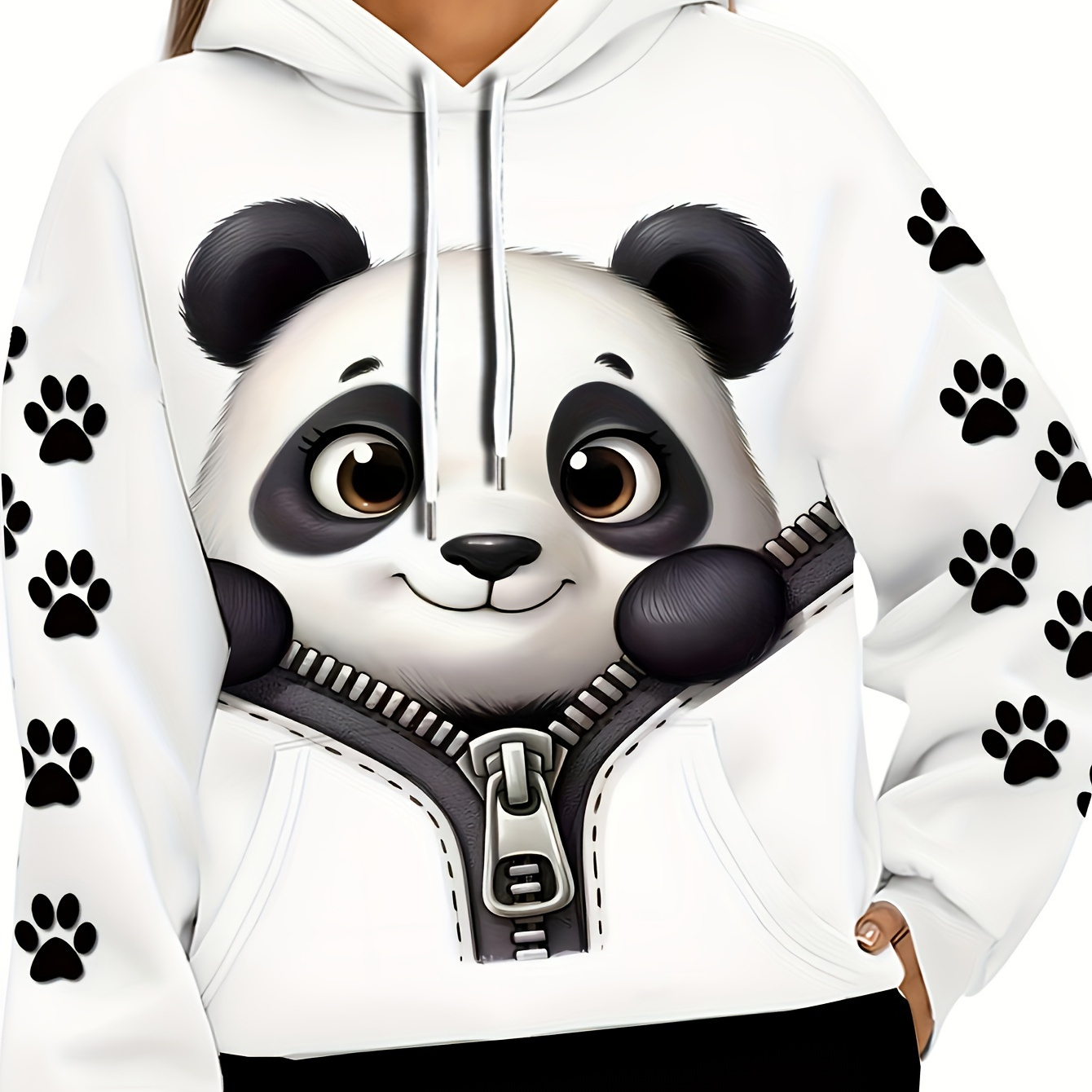 

Plus Size Panda Print Drawstring Hoodie, Casual Long Sleeve Hoodie For Fall & Winter, Women's Plus Size Clothing