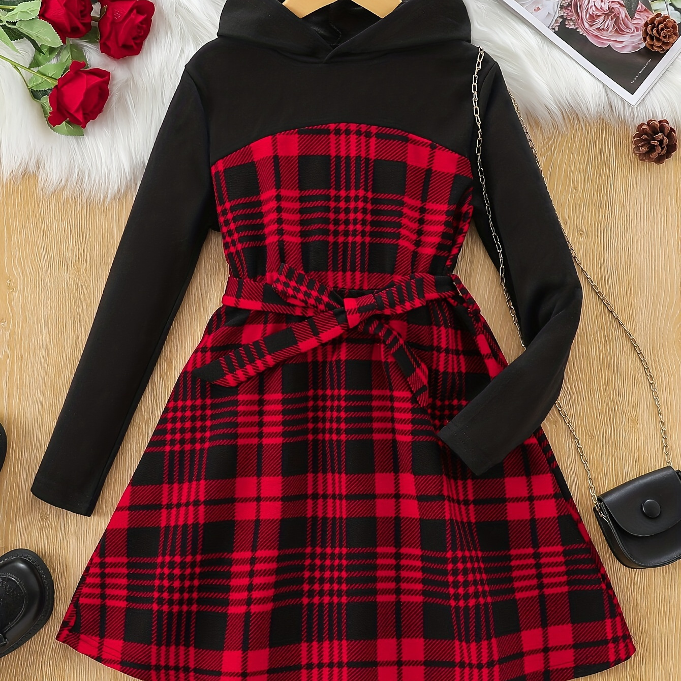 

Classic Plaid Hooded Dress Girls Vintage Splicing Long Sleeve Dresses Kids Clothes Spring Fall Christmas