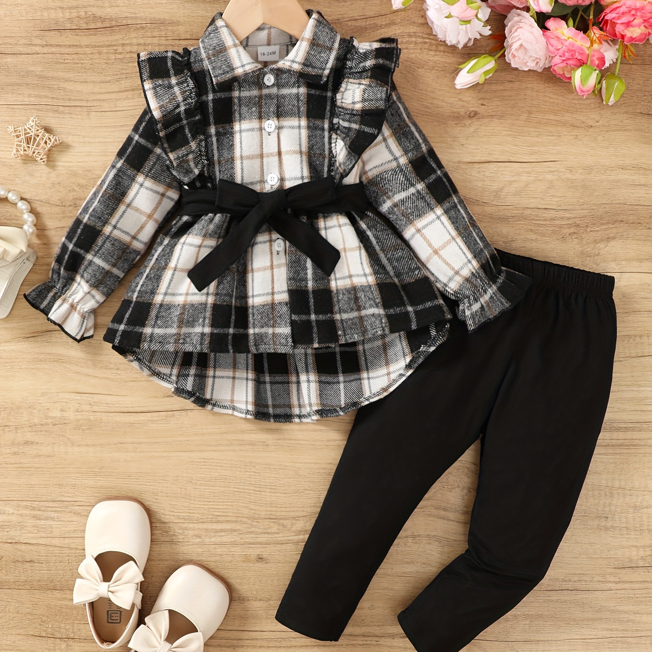 

Cute Gingham Print Long Sleeve Top With Solid Color Pants And Headband Set For Toddlers - Fall/winter Polyester Knit Fabric Outfit With Slight Stretch - 3 Piece Set