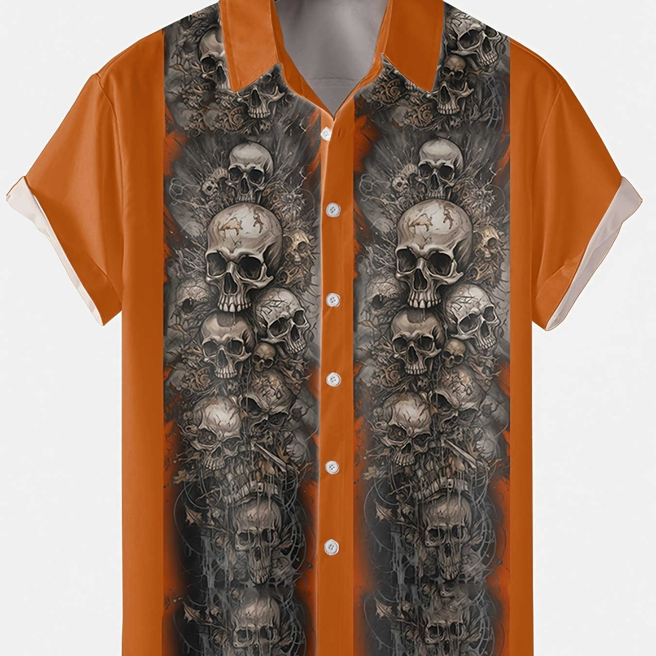 

Halloween Skull Pattern Men's Short Sleeve Lapel Shirt, Men's Trendy Color Block Clothing