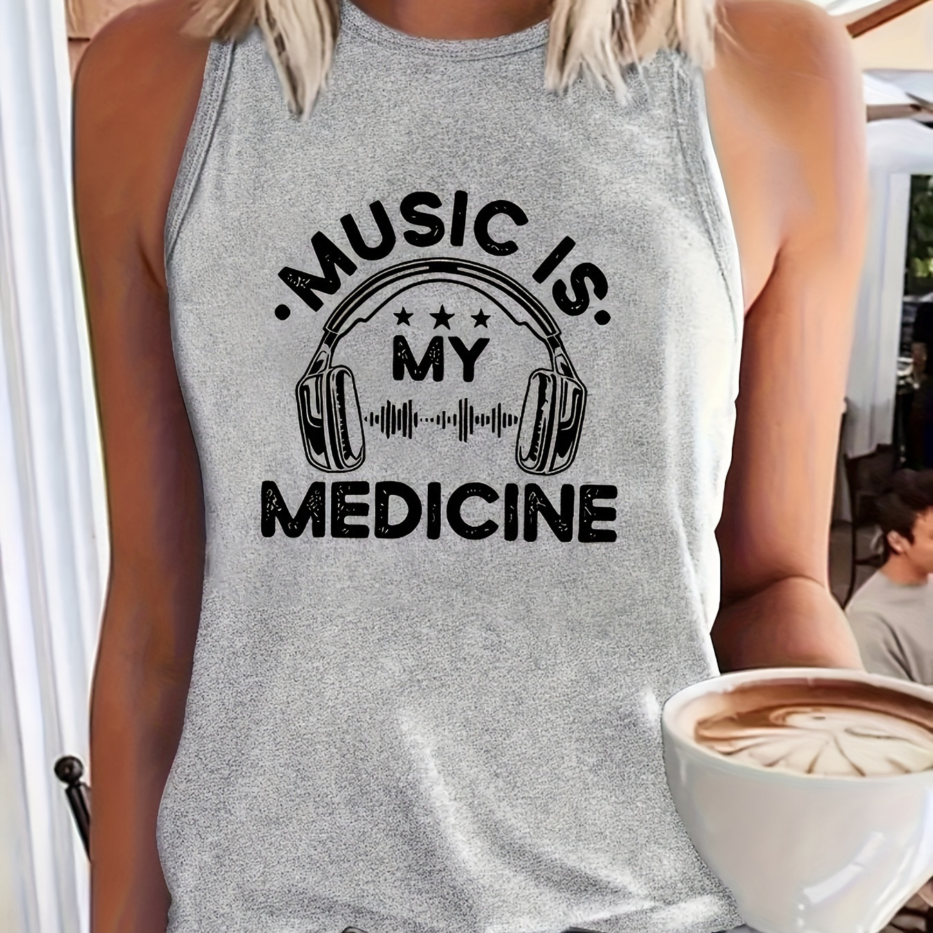 

Music Headphone Print Sport Fitness Vest Top, Casual Sleeveless Vest Top, Women's Clothing