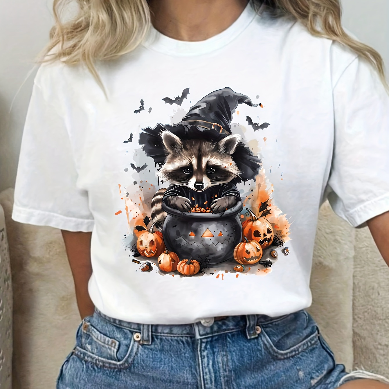 

Plus Size Raccoon Graphic T-shirt For Women - 100% Polyester, Casual Crew Neck, Slight Stretch, Summer Knit Fabric Top With Printed Design