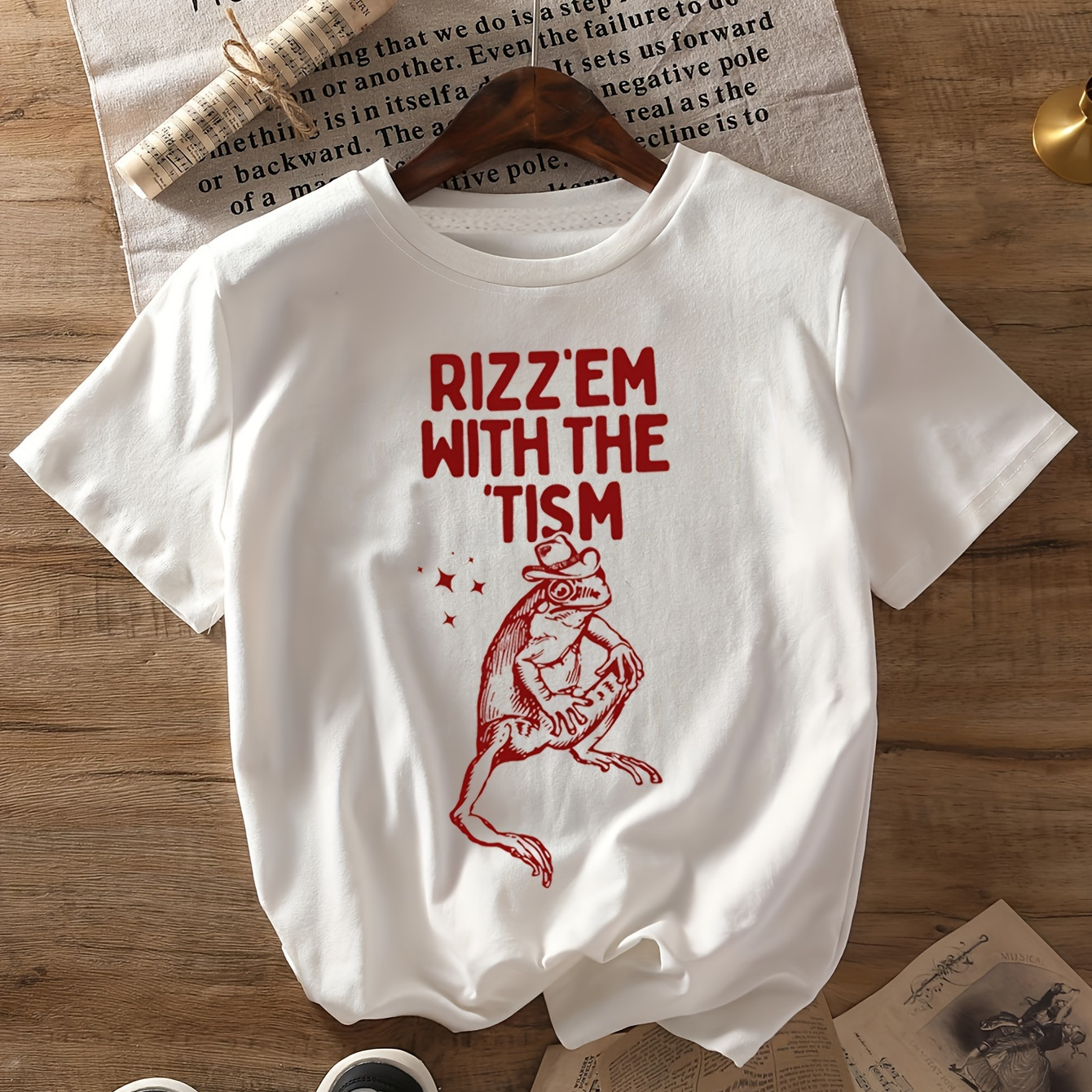 

Women's Casual Crew Neck T-shirt With "rizz'em With The '" Print | Polyester Blend (polyester 60%, Rayon 35%, Spandex 5%) | Knit Fabric | Alphabet Pattern | Regular Length | Versatile For All Seasons