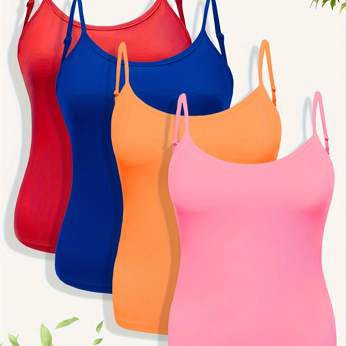 

4pcs Plus Size Women' Color Cami Tops - Casual, Stretchy, Sleeveless Blouses In Red, Blue, Orange, Pink - Polyester/elastane For Spring/summer/fall, Plus Size Camisole Tops